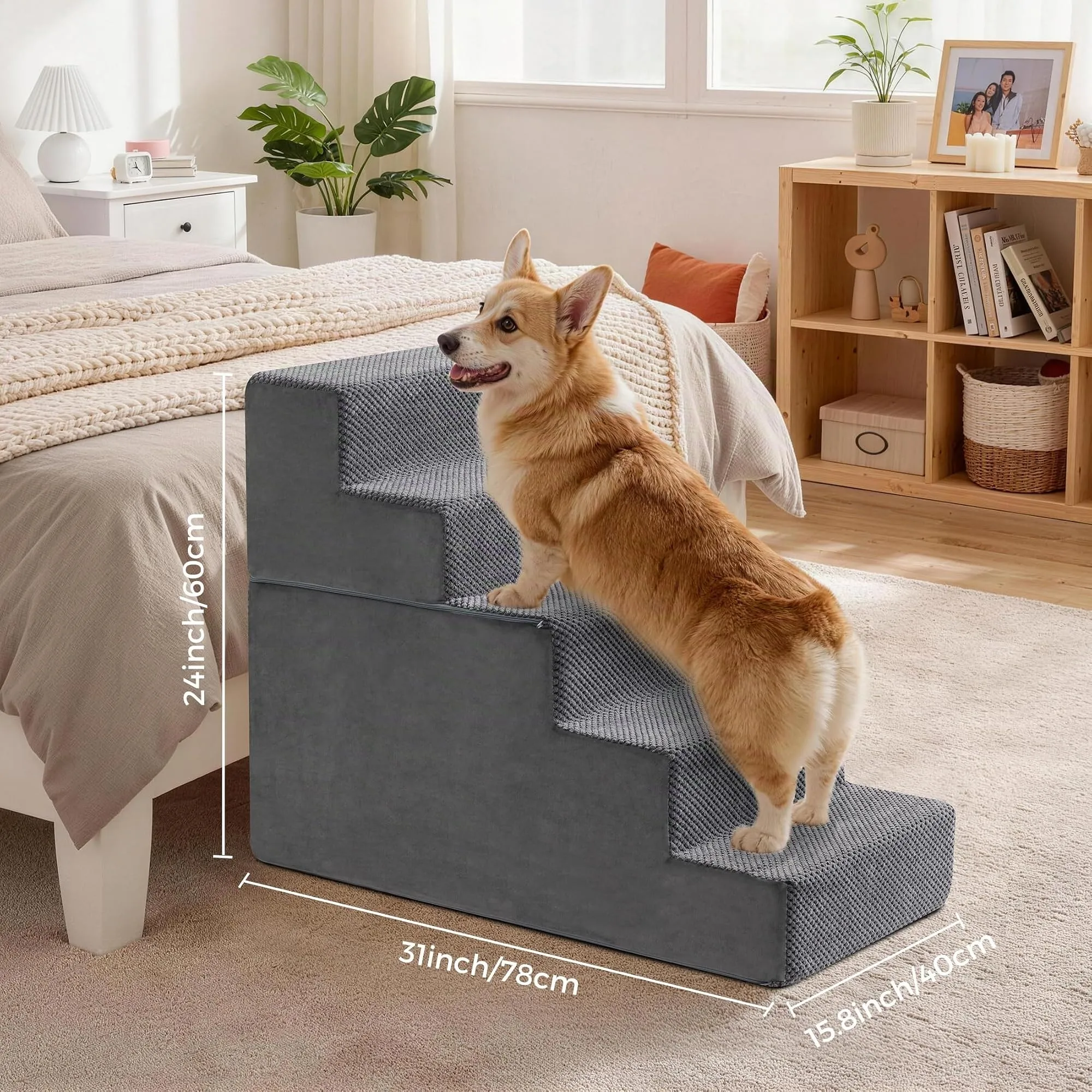 Kohentact Scaletta e Rampa per Cani Piccoli e Medi, 33-61 cm, Schiuma 40D, Antiscivolo, Rivestimento Lavabile, Grigio - immagine 7