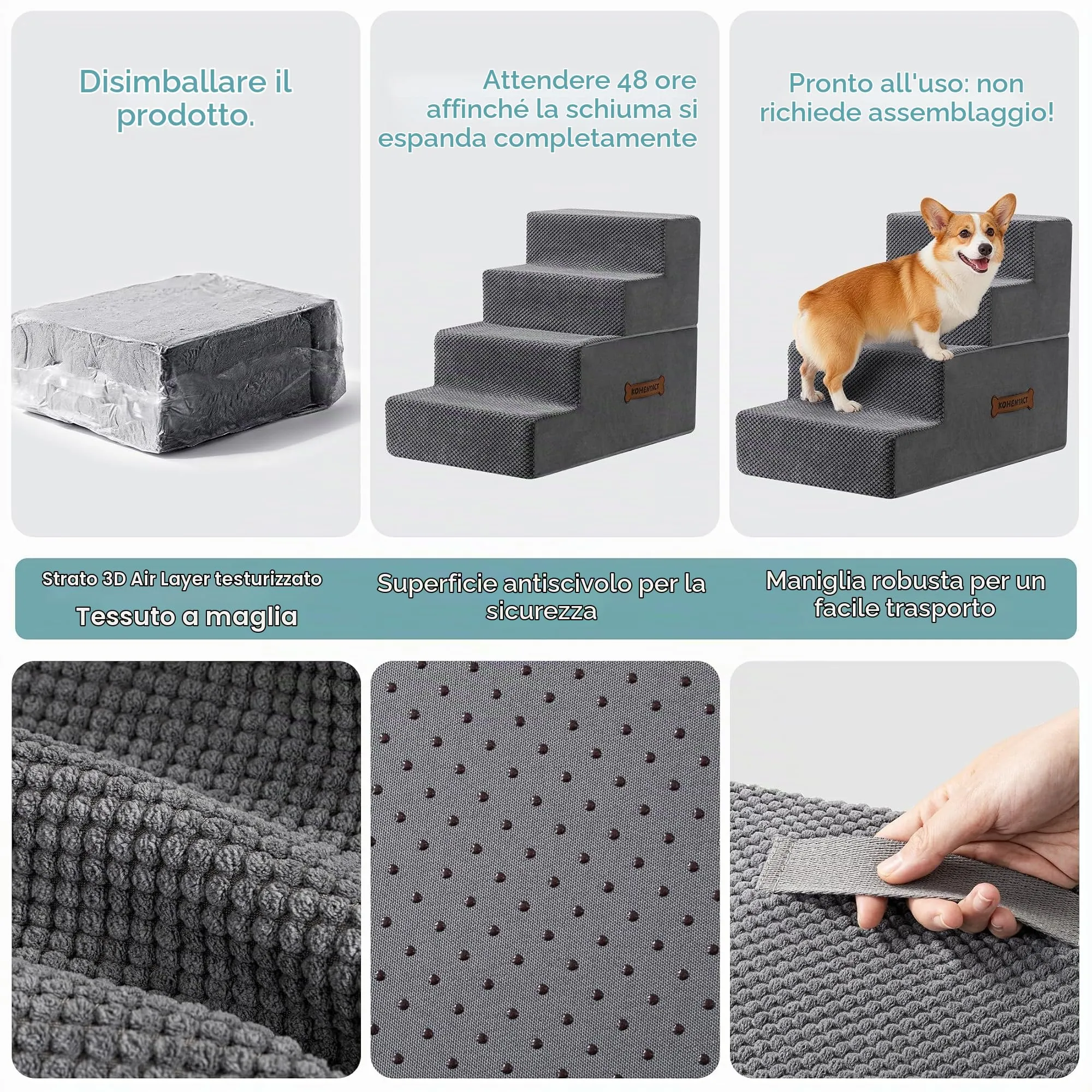 Kohentact Scaletta e Rampa per Cani, 33-61 cm, Schiuma 40D, Antiscivolo, Rivestimento Lavabile, Grigio - immagine 2