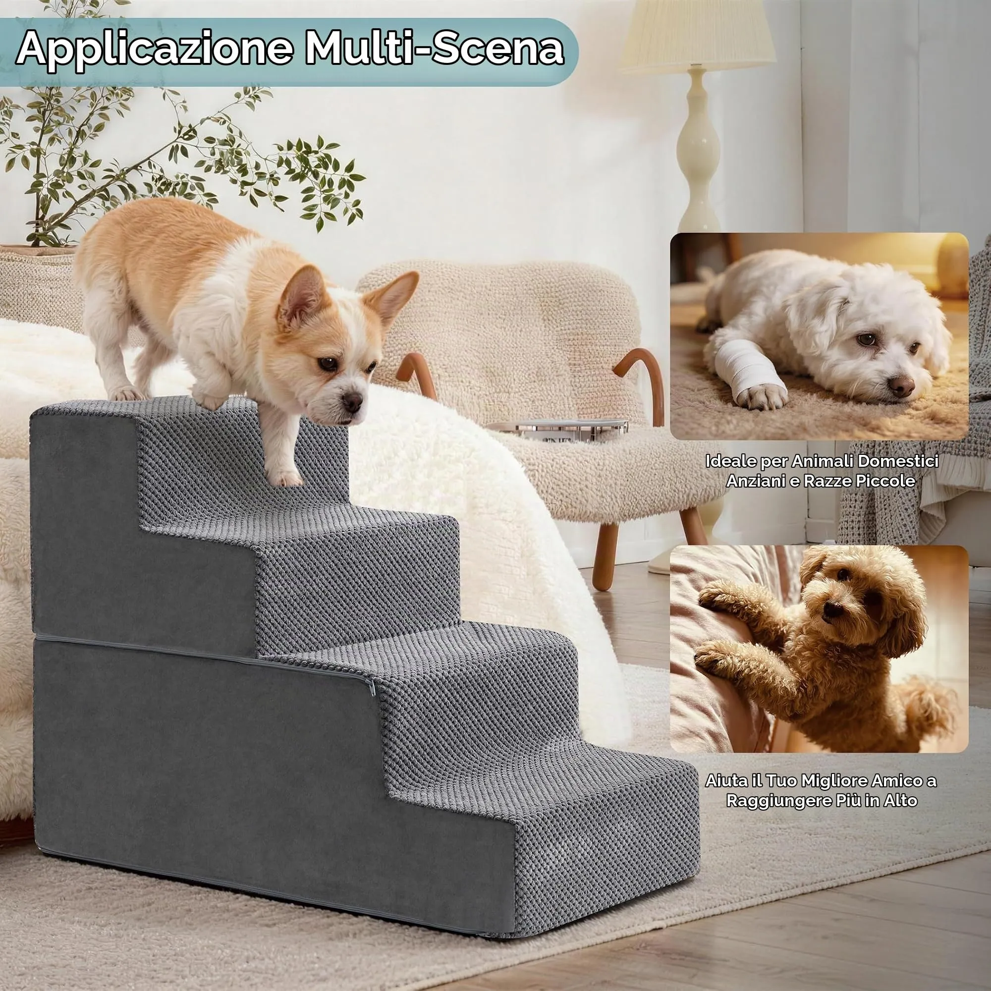 Kohentact Scaletta e Rampa per Cani, 33-61 cm, Schiuma 40D, Antiscivolo, Rivestimento Lavabile, Grigio - immagine 4