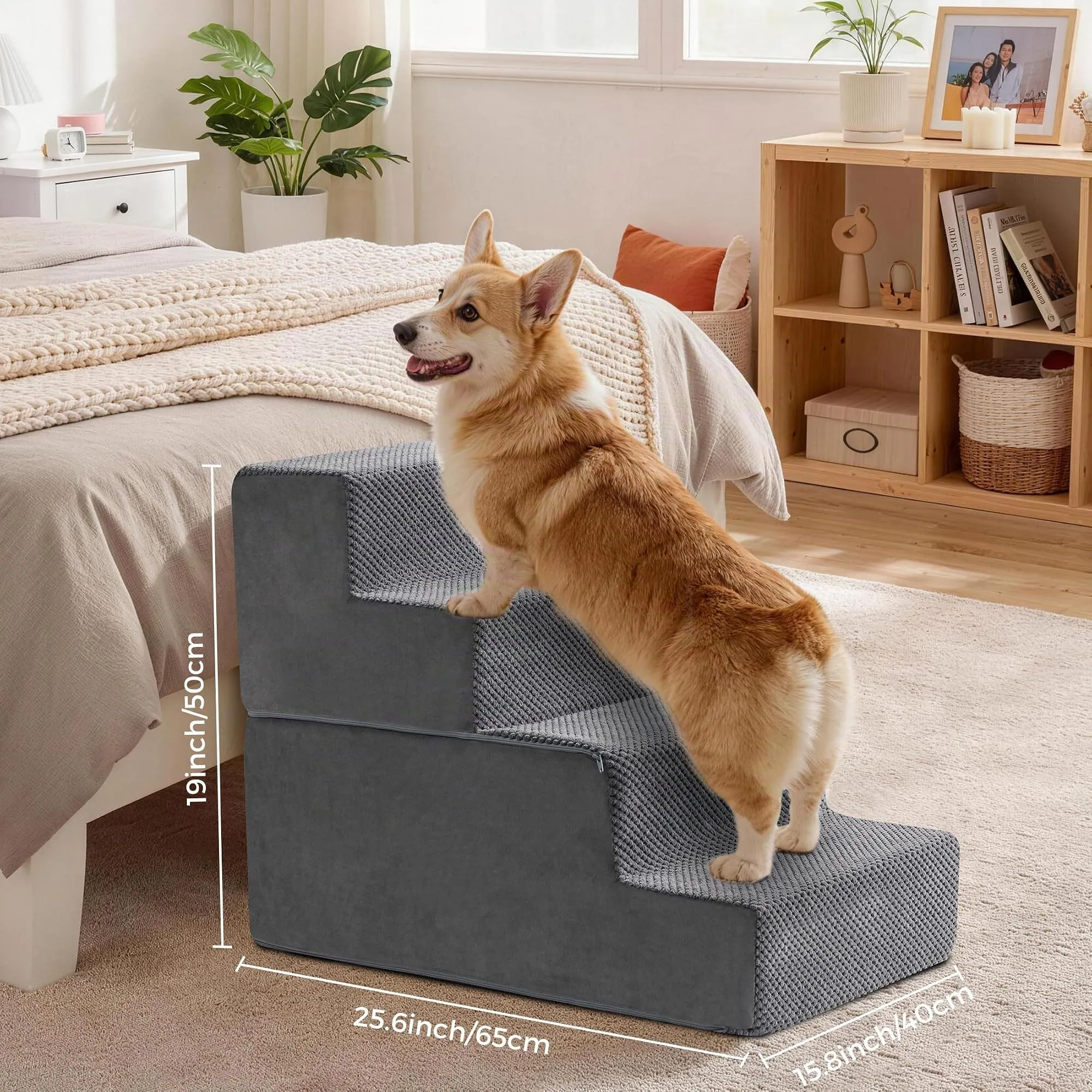 Kohentact Scaletta e Rampa per Cani, 33-61 cm, Schiuma 40D, Antiscivolo, Rivestimento Lavabile, Grigio - immagine 7