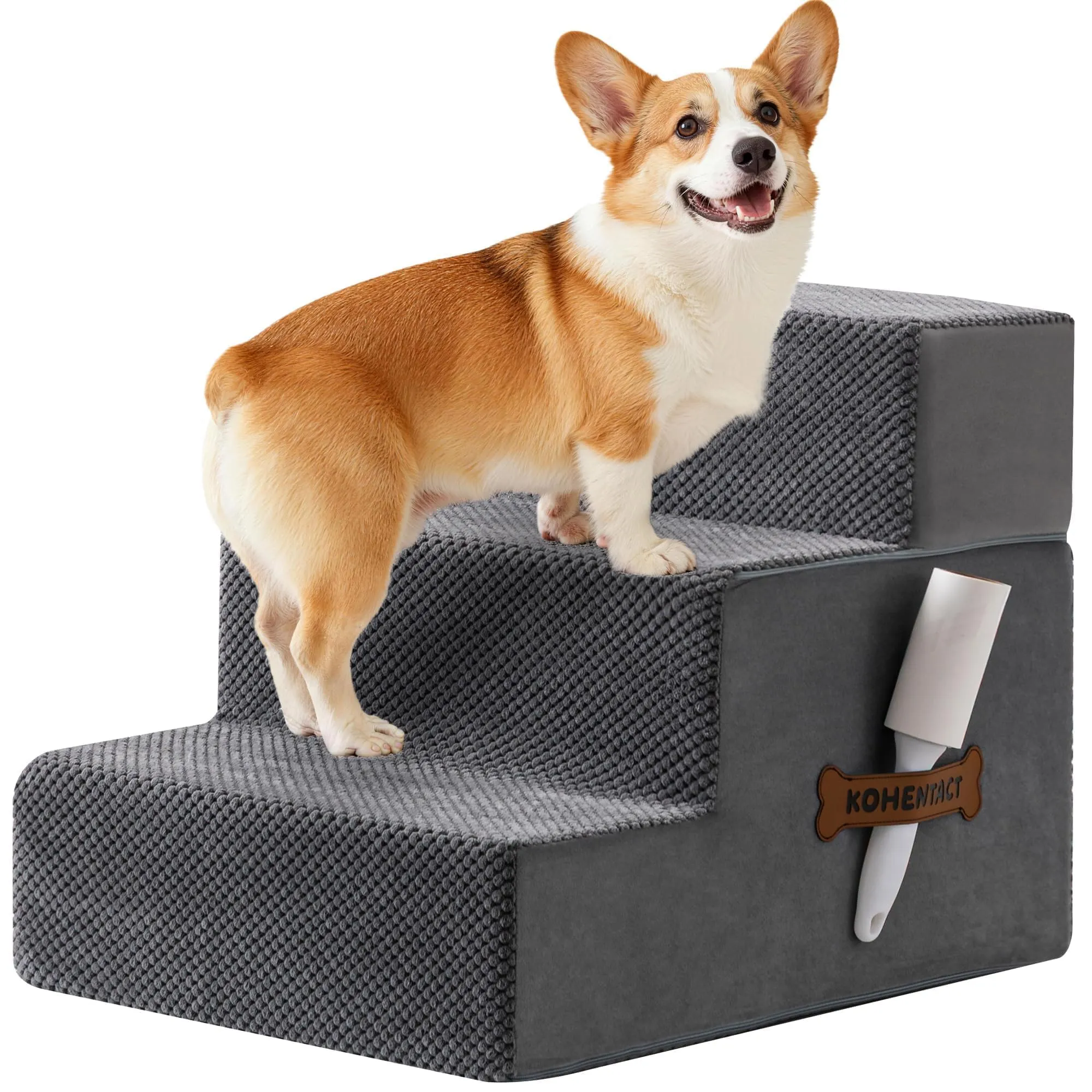 Kohentact Scaletta e Rampa per Cani Piccoli e Medi, 33-61 cm, Schiuma 40D, Antiscivolo, Rivestimento Lavabile, Grigio - immagine 1