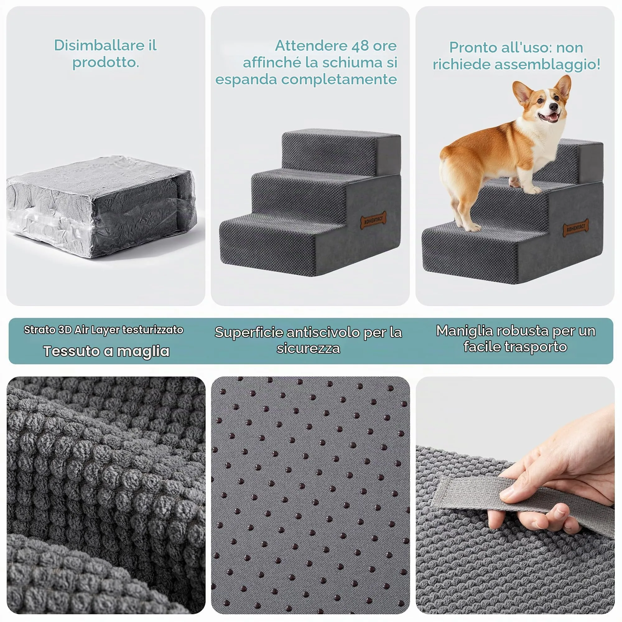 Kohentact Scaletta e Rampa per Cani Piccoli e Medi, 33-61 cm, Schiuma 40D, Antiscivolo, Rivestimento Lavabile, Grigio - immagine 2