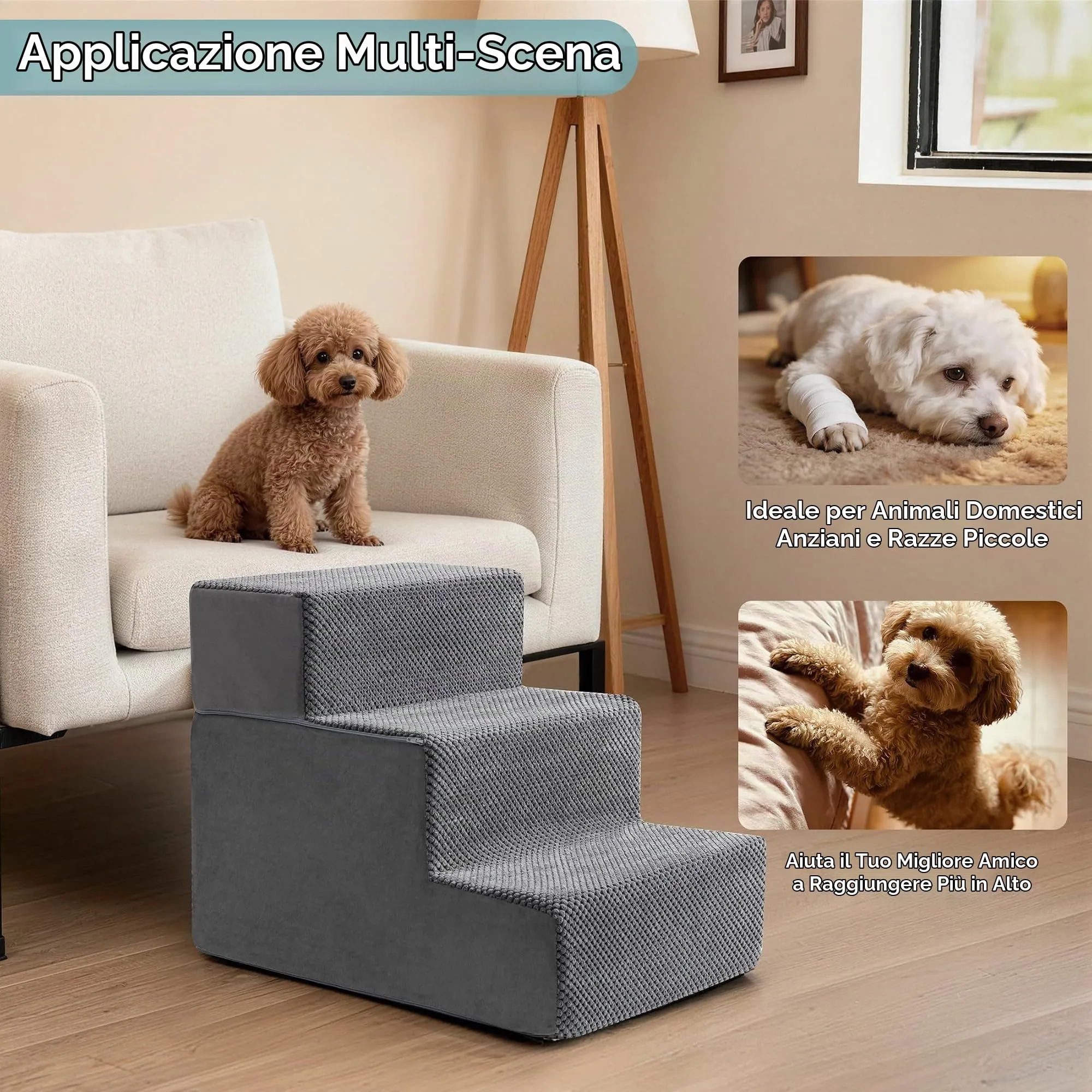 Kohentact Scaletta e Rampa per Cani Piccoli e Medi, 33-61 cm, Schiuma 40D, Antiscivolo, Rivestimento Lavabile, Grigio - immagine 4