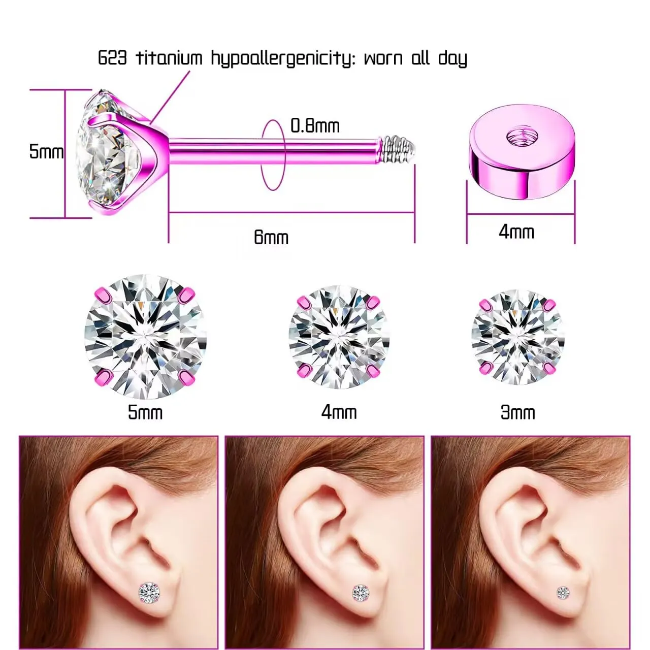 Artskin Orecchini a perno in titanio G23 con zirconi cubici, ipoallergenici, set 3-5 mm - immagine 2