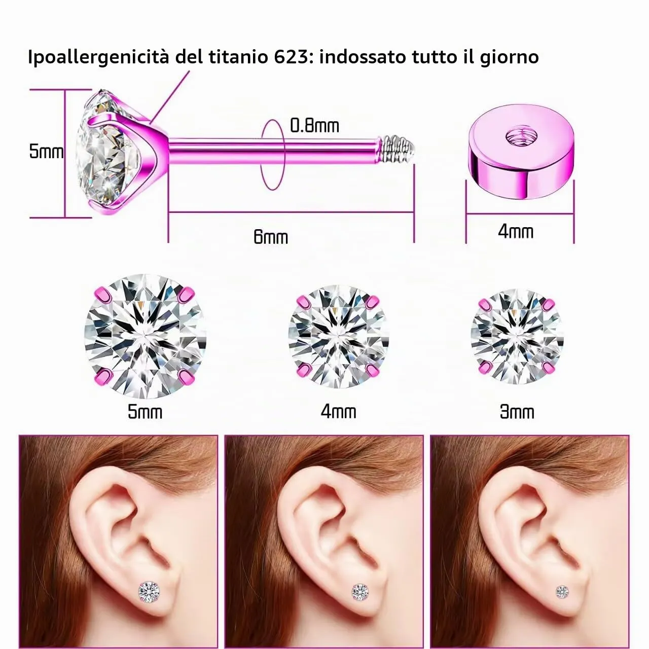 Artskin Orecchini a perno in Titanio con Zircone Cubico, Ipoallergenici, 5 mm - immagine 2