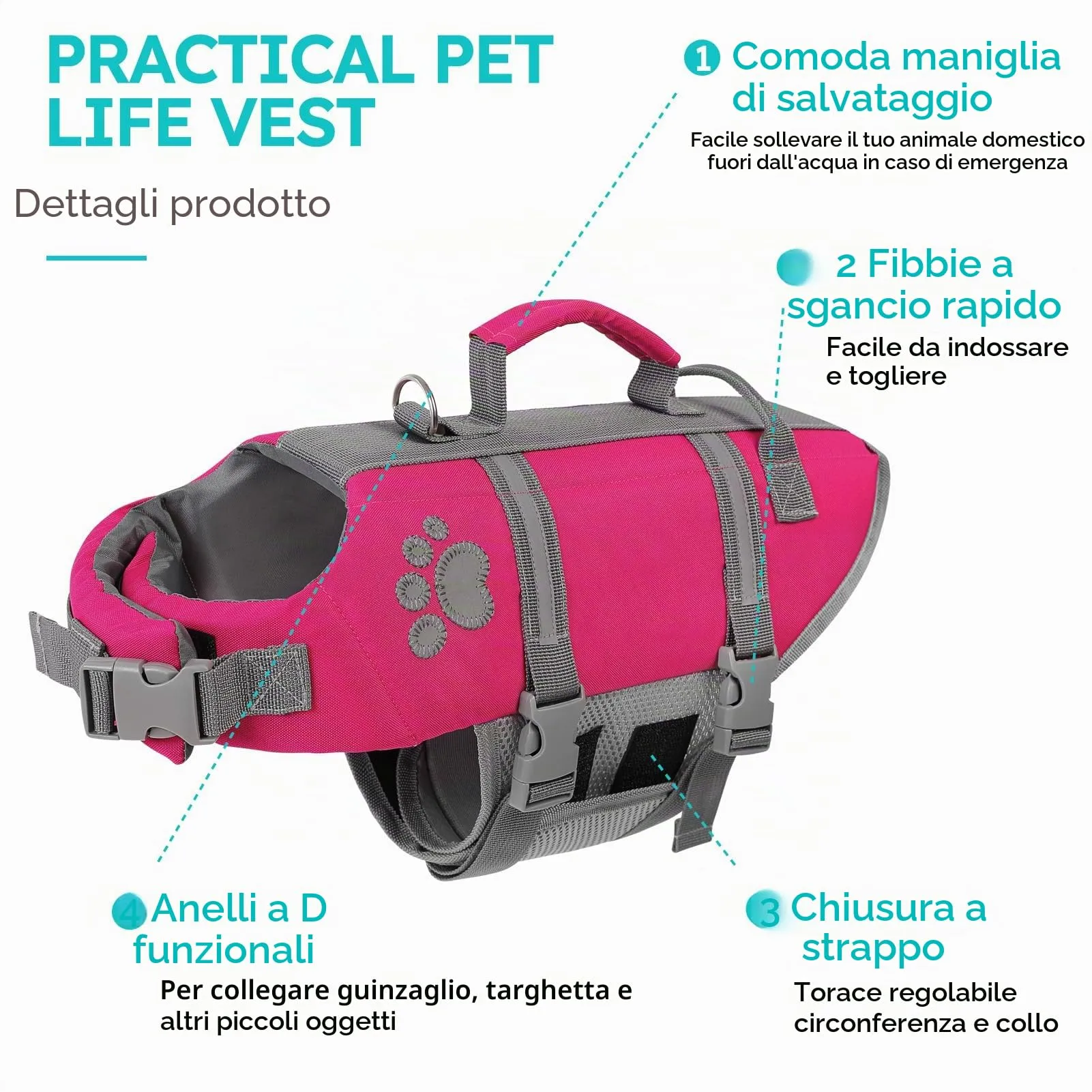 Queenmore Salvagente per Cani Piccoli, Regolabile e Riflettente (S, Fucsia) - immagine 2