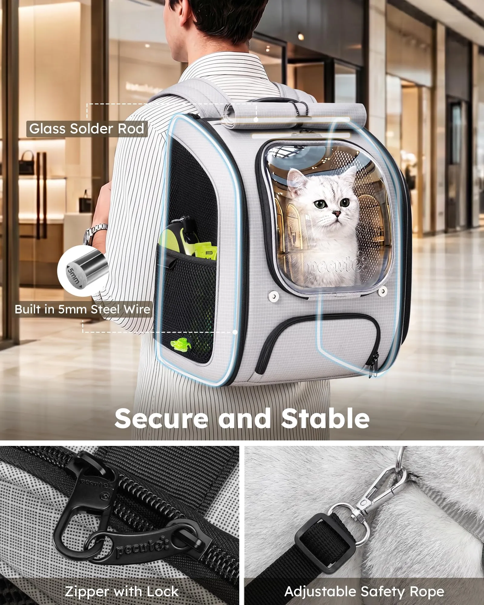 Pecute Zaino a Bolla per Gatti in TPU, Grigio Chiaro - immagine 3
