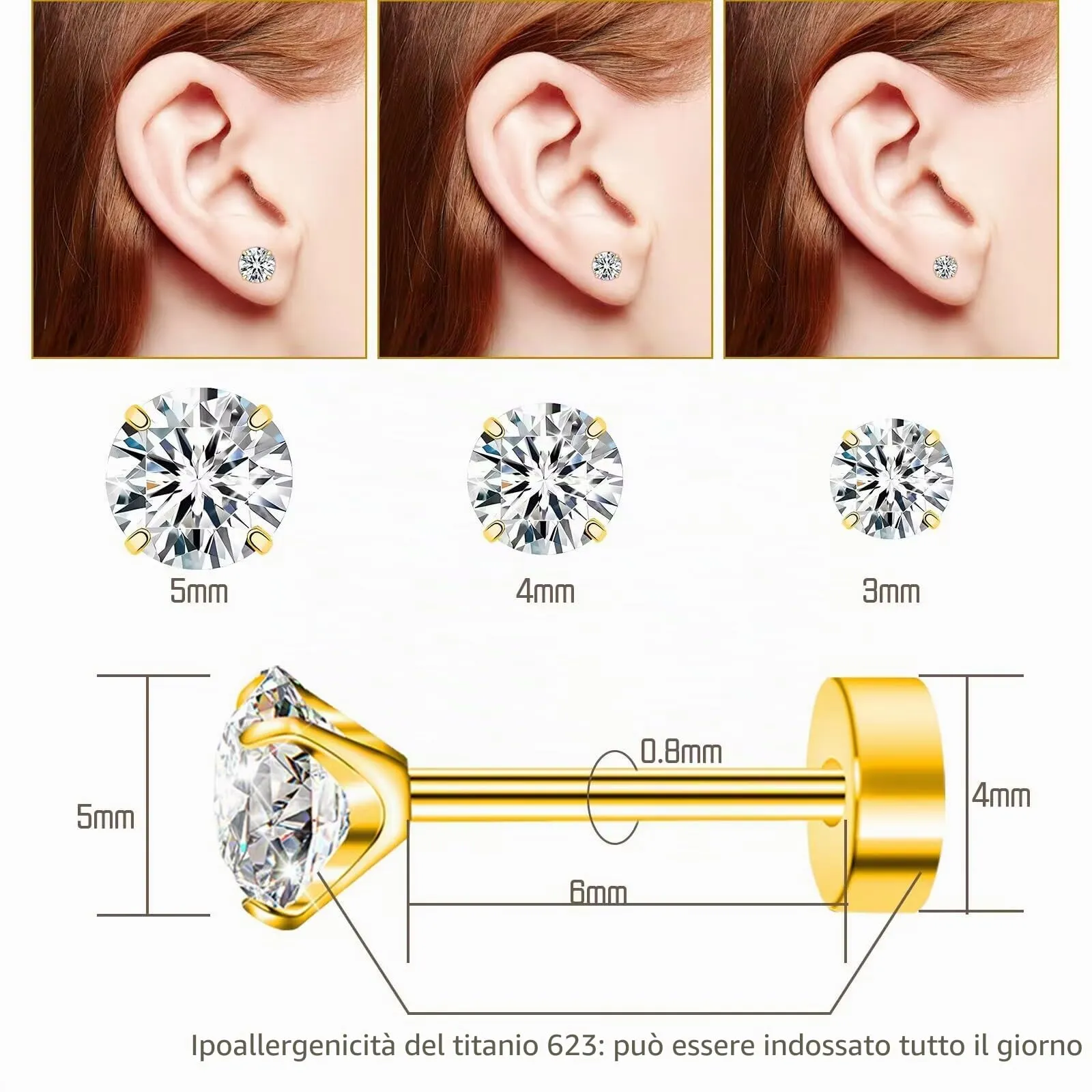 Artskin Orecchini a perno in titanio e zirconia, ipoallergenici, 3 mm - immagine 2