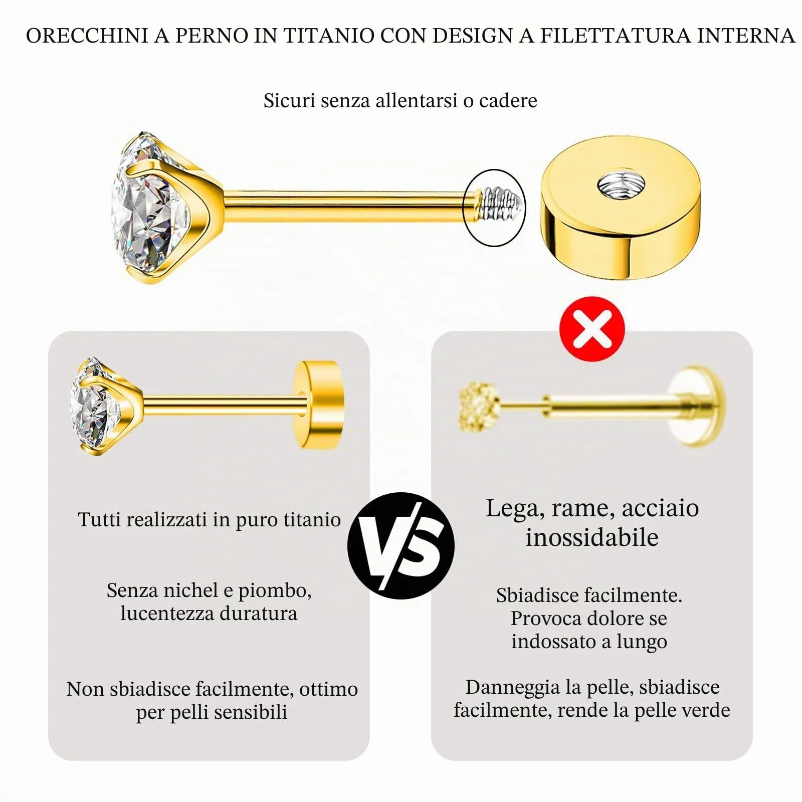 Artskin Orecchini a perno in titanio e zirconia, ipoallergenici, 3 mm - immagine 3