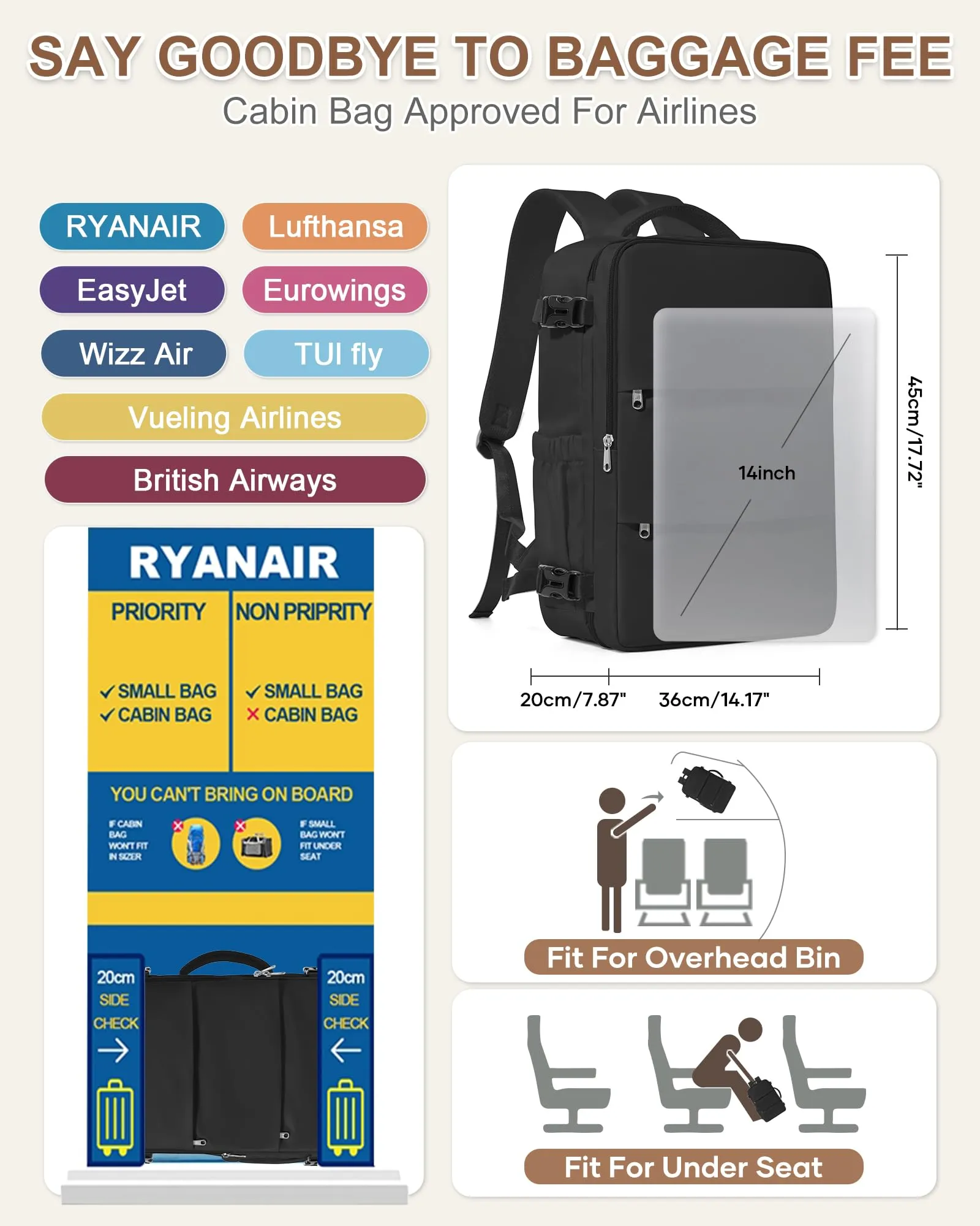 BJLFS Zaino da Viaggio Bagaglio a Mano 40x30x20 Ryanair Wizzair - immagine 2