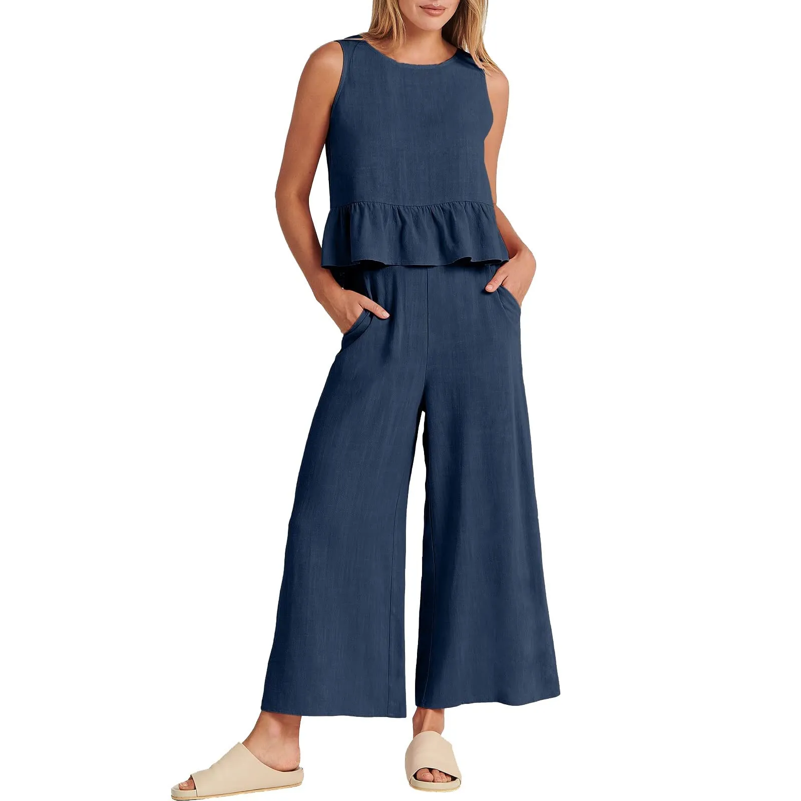 Generisch Set Donna 2 Pezzi in Mussola e Lino, Senza Maniche con Balze e Pantaloni a Gamba Larga, Blu Scuro, M - immagine 3
