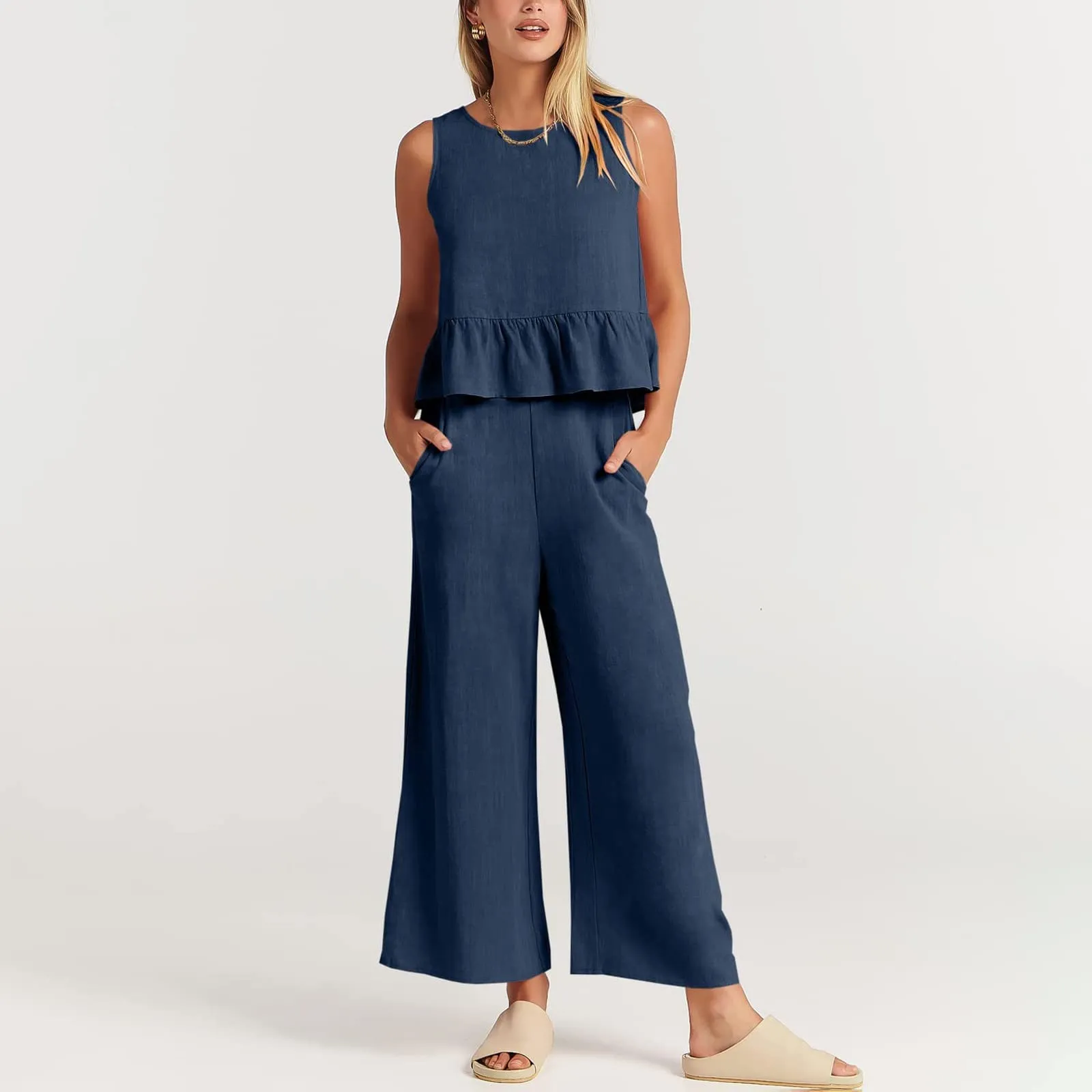 Generisch Set Donna 2 Pezzi in Mussola e Lino, Senza Maniche con Balze e Pantaloni a Gamba Larga, Blu Scuro, M - immagine 4