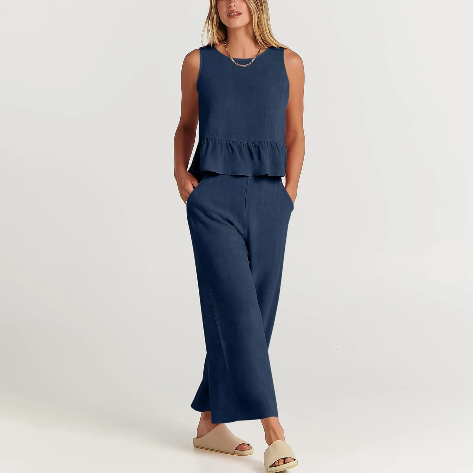 Generisch Set Donna 2 Pezzi in Mussola e Lino, Senza Maniche con Balze e Pantaloni a Gamba Larga, Blu Scuro, M - immagine 5