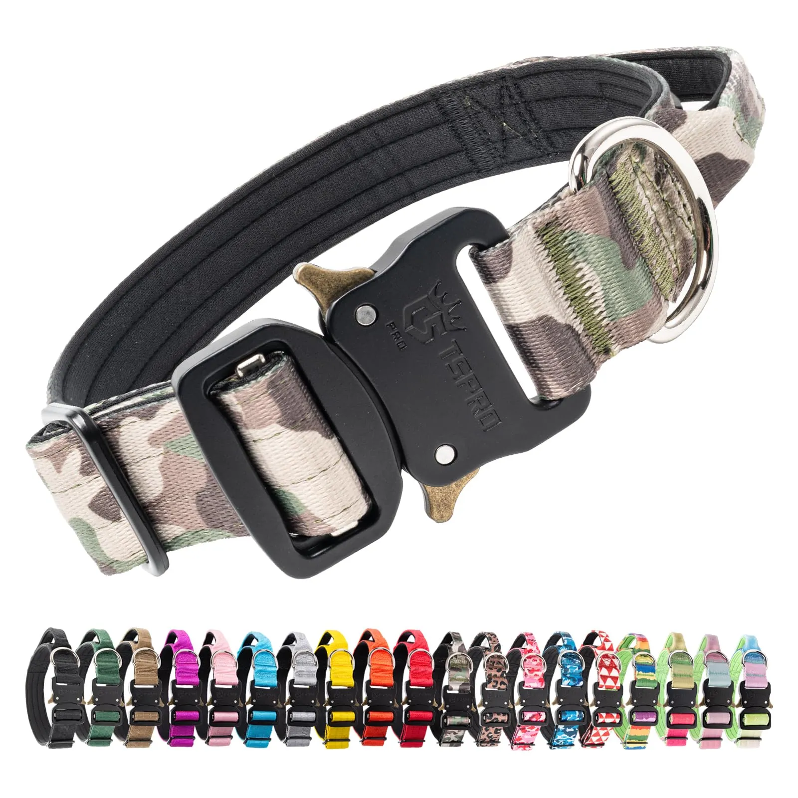 TSPRO Collare Tattico per Cane con Fibbia a Sblocco Rapido e Maniglia, Mimetico Verde Militare, Taglia M (36,8–45,7 cm), Largo 3,3 cm - immagine 1