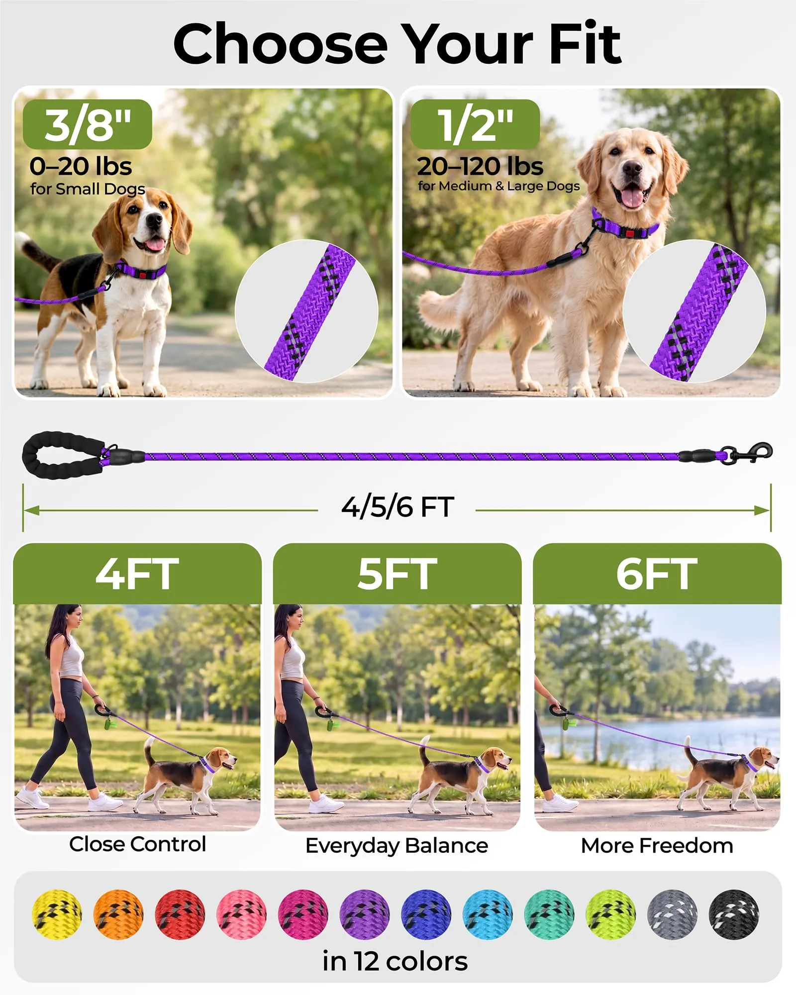Taglory Guinzaglio per Cani in Corda Riflettente con Manico Imbottito, 120cm x 1.0cm, Viola - immagine 7