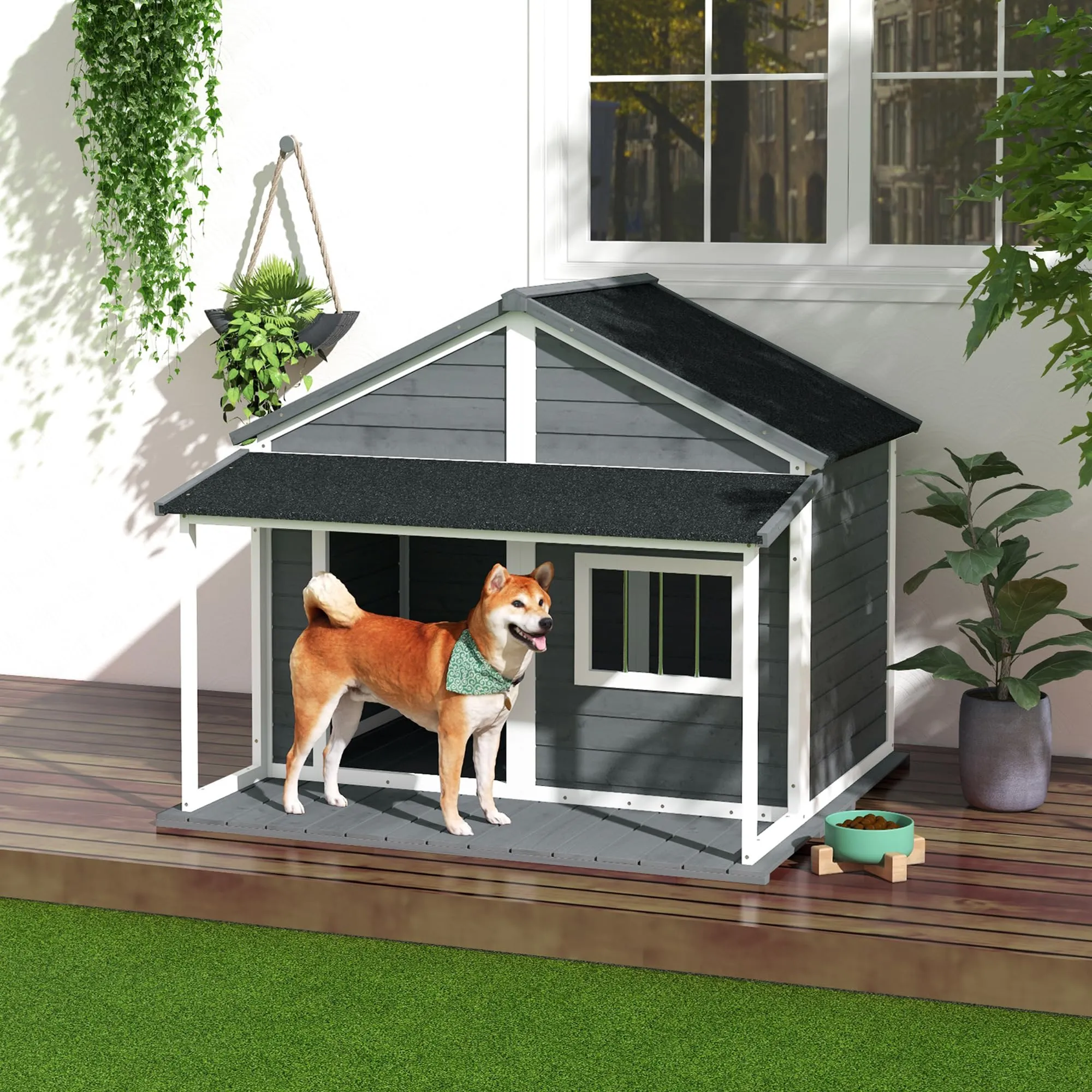 PawHut Cuccia per Cani da Esterno in Legno di Abete, Grigio, 124x112x105cm - immagine 2