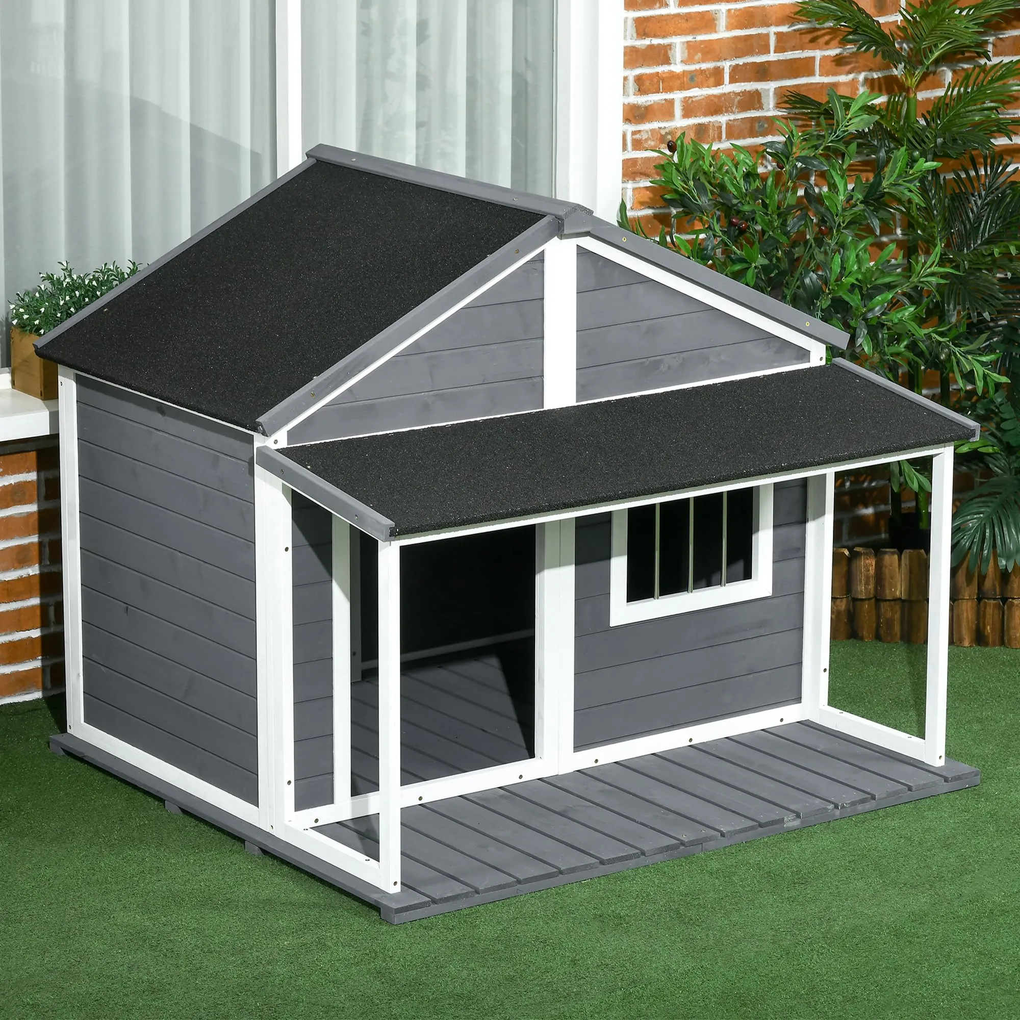 PawHut Cuccia per Cani da Esterno in Legno di Abete, Grigio, 124x112x105cm - immagine 8