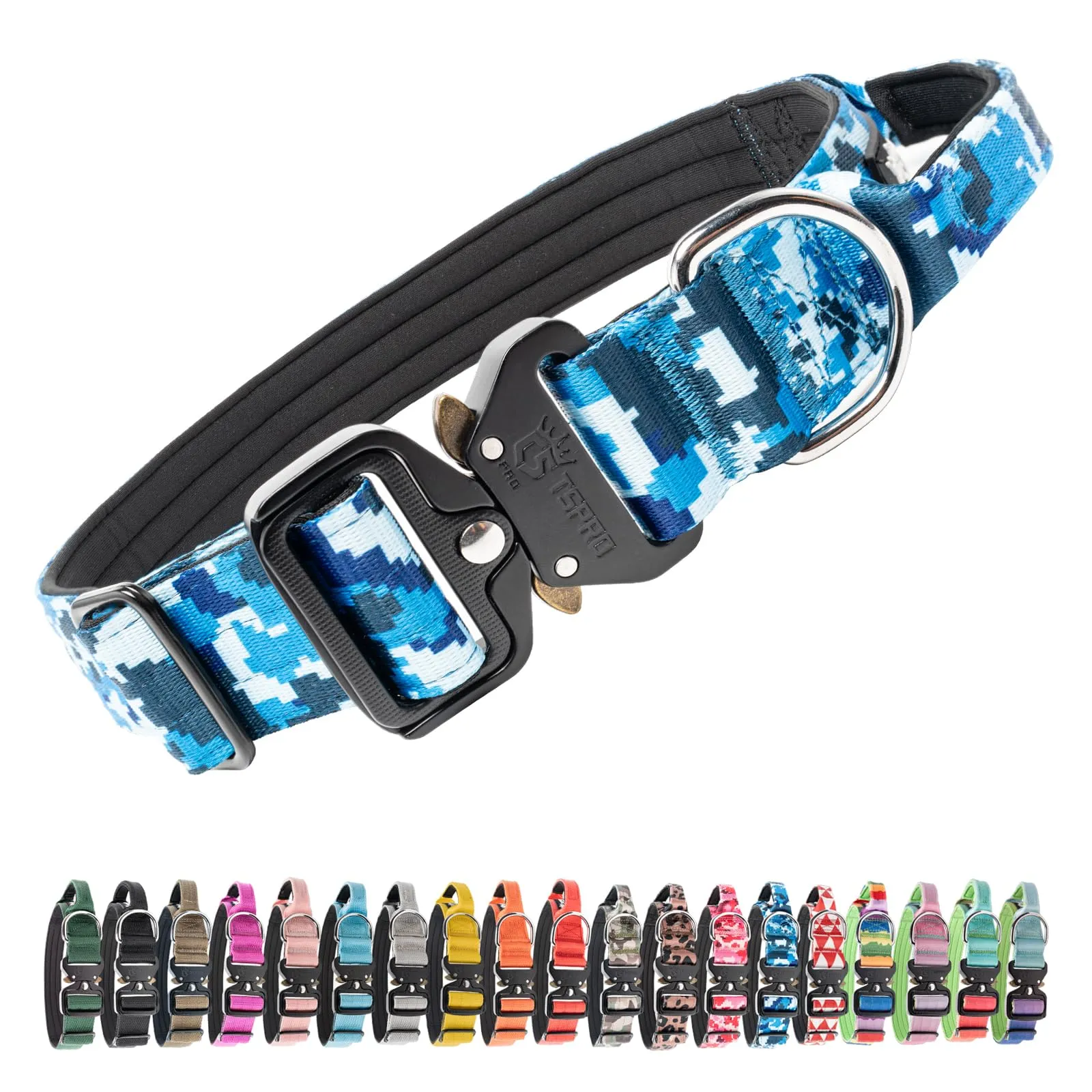 TSPRO Collare Tattico Cane con Fibbia a Sblocco Rapido e Maniglia, 3,8 cm, Camo Blu - immagine 1