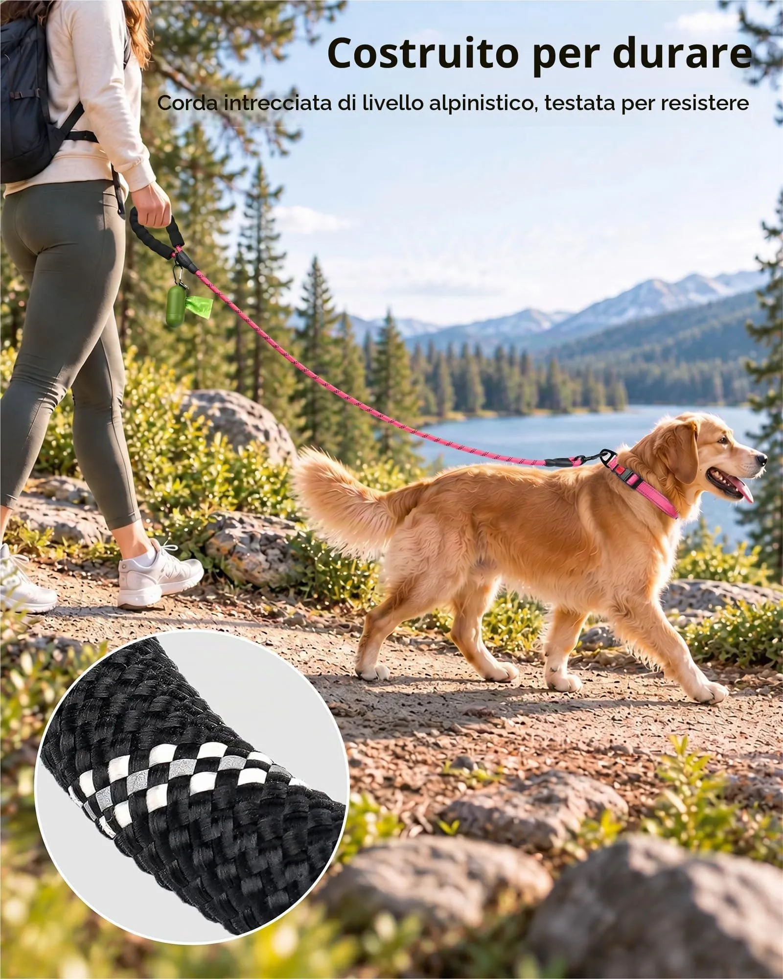 Taglory Guinzaglio per Cani in Corda Riflettente con Manico Imbottito, 180cm x 1.2cm, Rosa - immagine 5