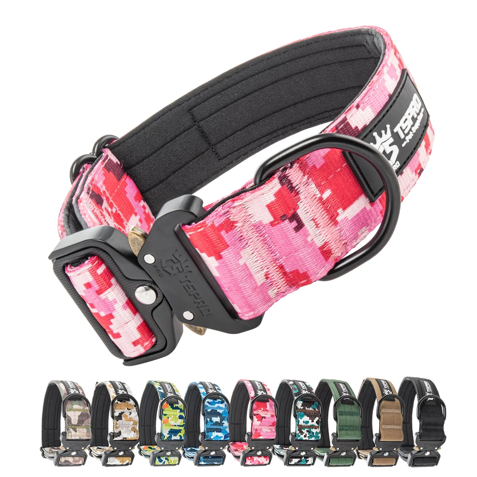 TSPRO Collare Tattico per Cani con Fibbia a Sblocco Rapido e Pannello per Toppe, Camo Rosa, L (47,0–63,5 cm) - immagine 1