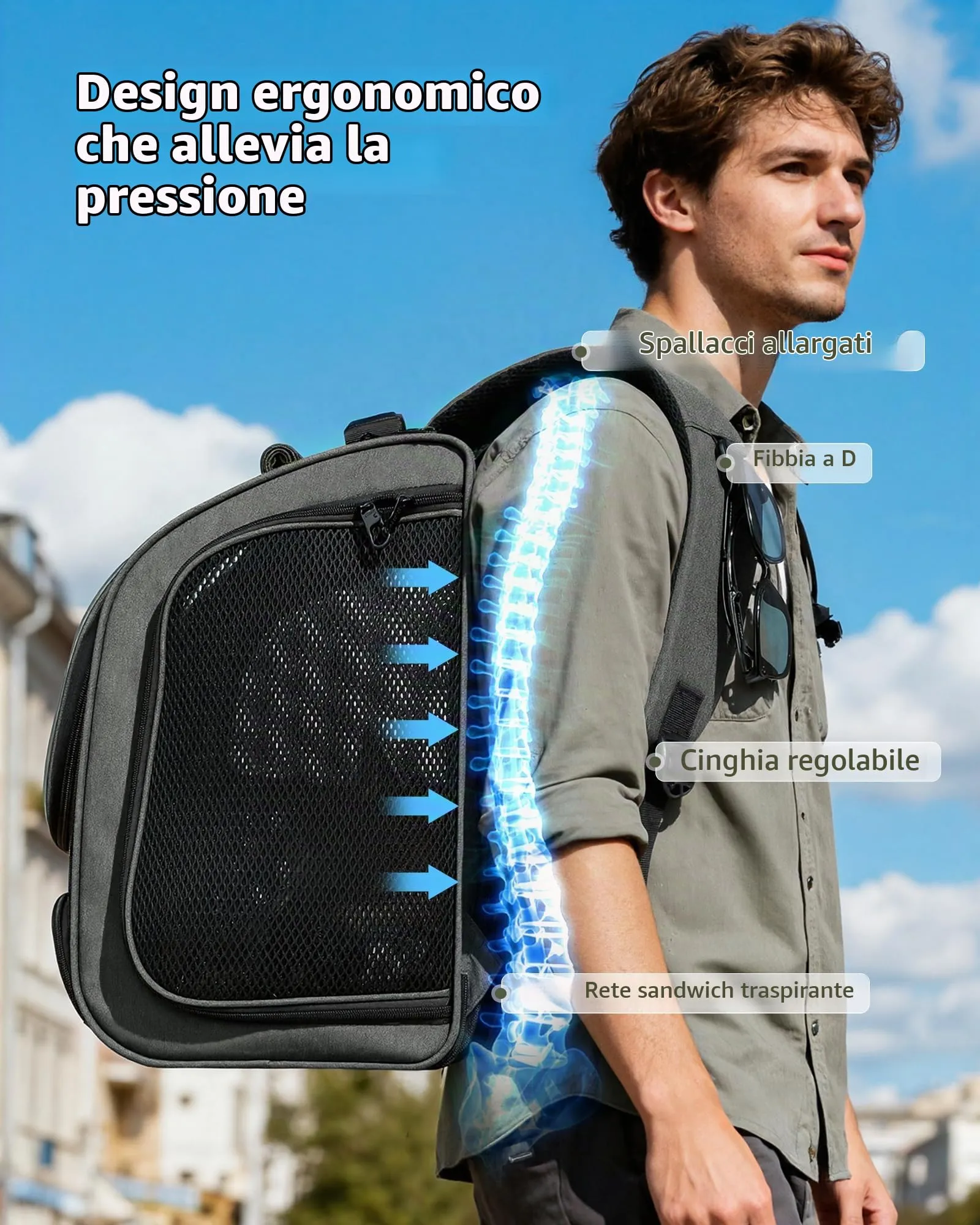 Pecute Zaino a Bolla per Gatti, Ergonomico, Grigio - immagine 8