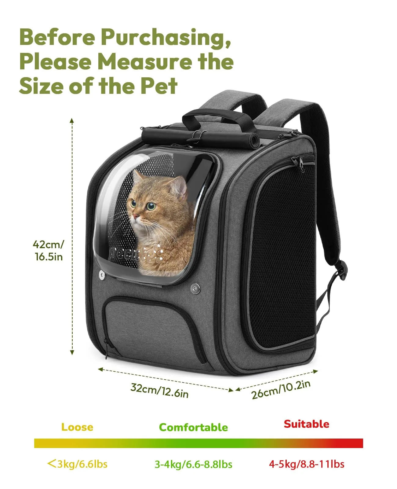 Pecute Zaino a Bolla per Gatti, Ergonomico, Grigio - immagine 9