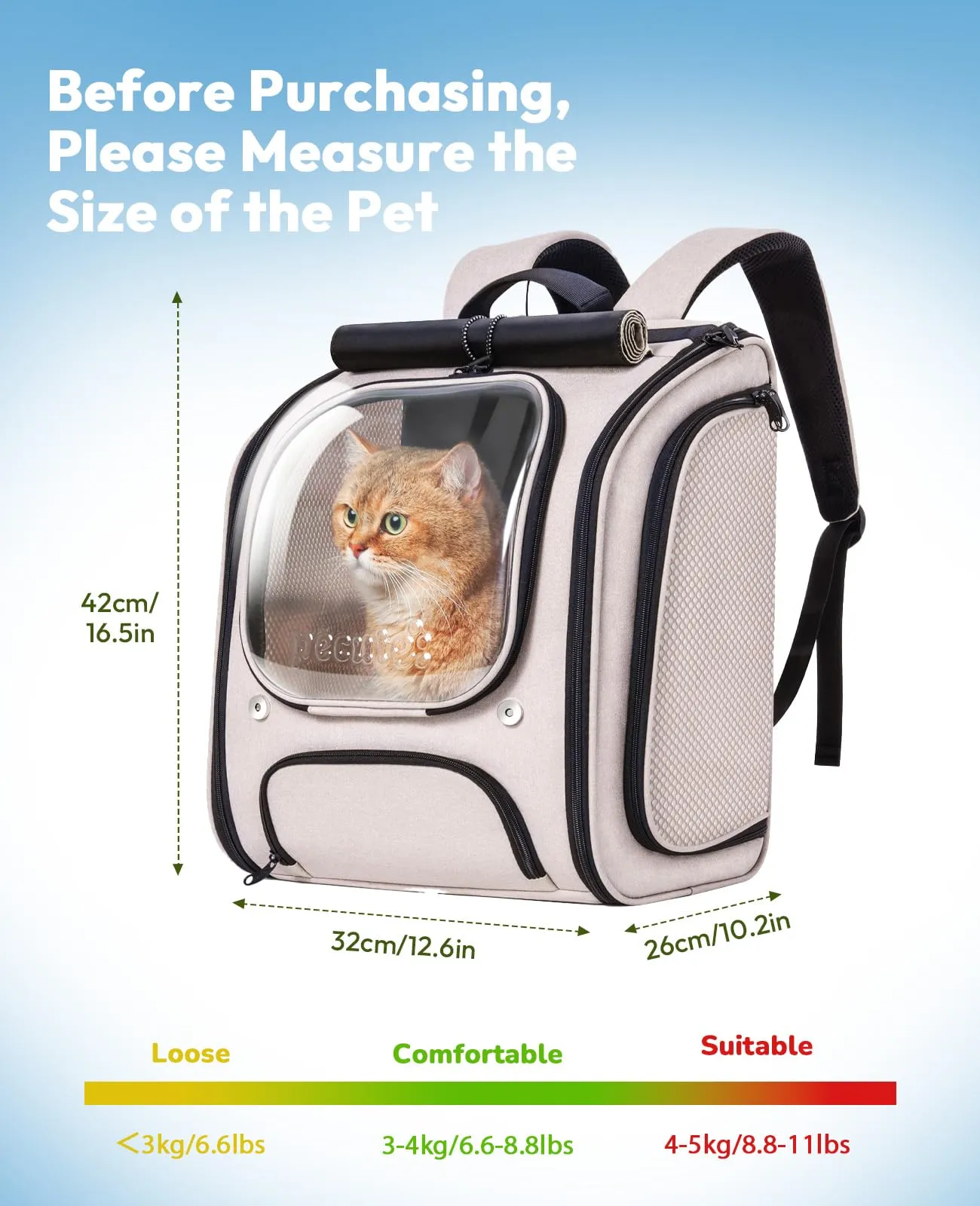 Pecute Zaino a Bolla per Gatti, Ergonomico, Cachi - immagine 9