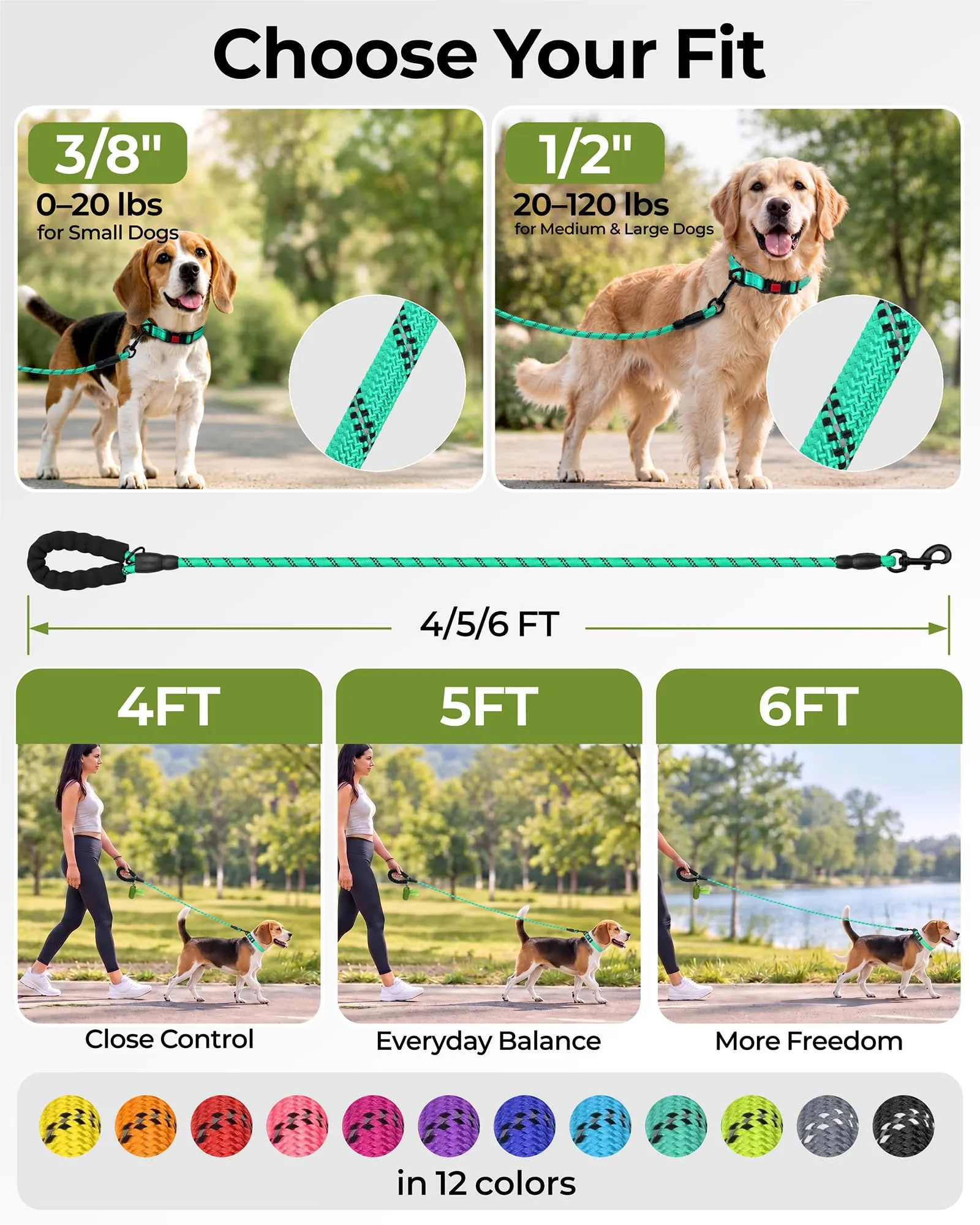 Taglory Guinzaglio per Cani in Corda Riflettente con Manico Imbottito, 150cm x 1.0cm, Turchese - immagine 7