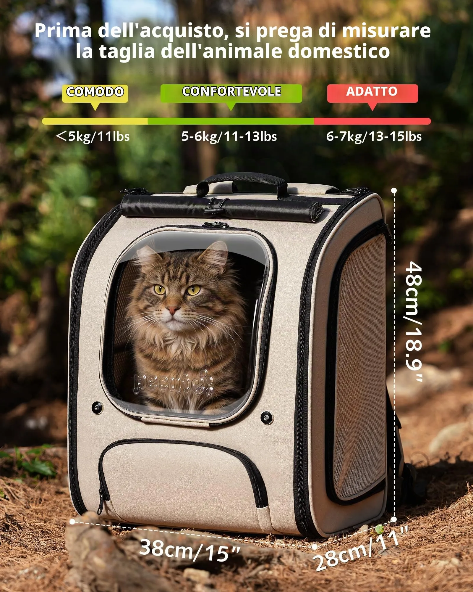 Pecute Zaino a Bolla per Gatti XXL, Cachi - immagine 2