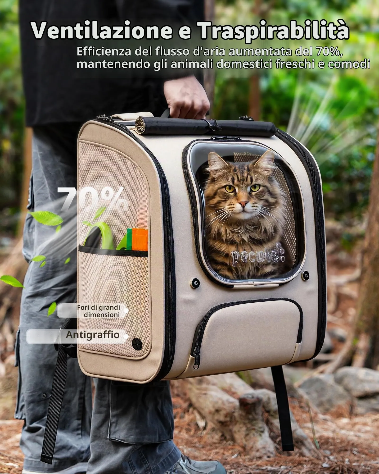 Pecute Zaino a Bolla per Gatti XXL, Cachi - immagine 5