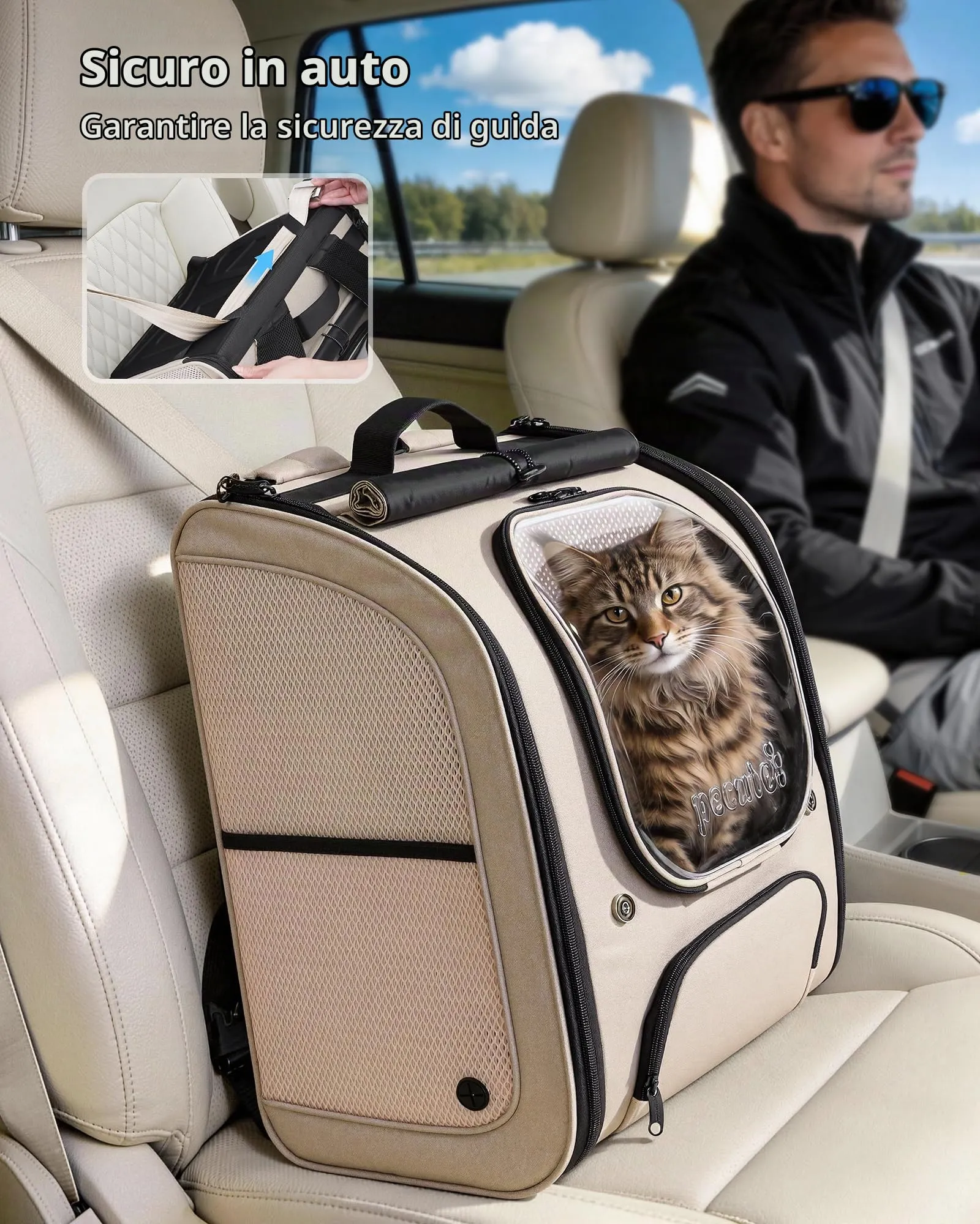 Pecute Zaino a Bolla per Gatti XXL, Cachi - immagine 8