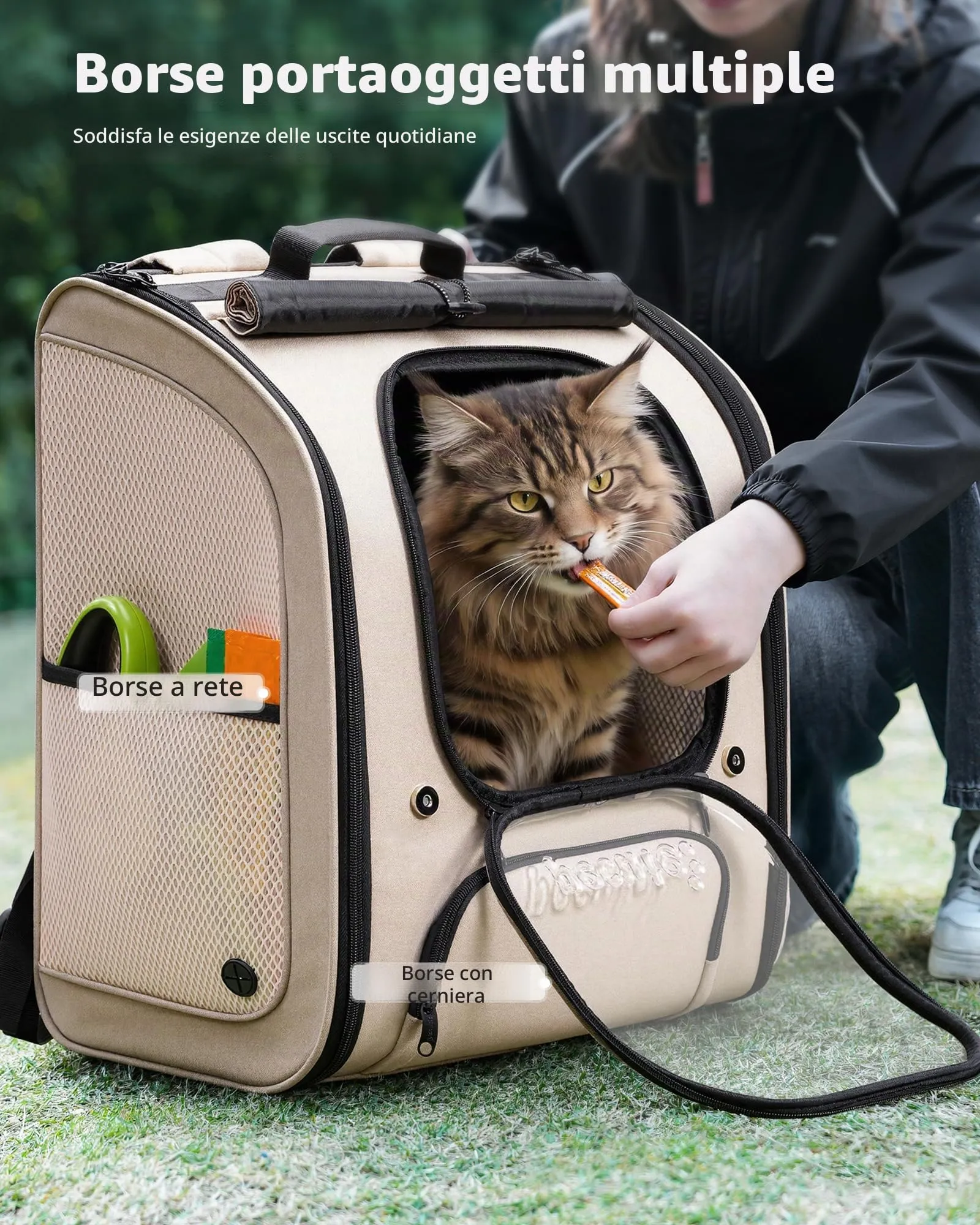 Pecute Zaino a Bolla per Gatti XXL, Cachi - immagine 9