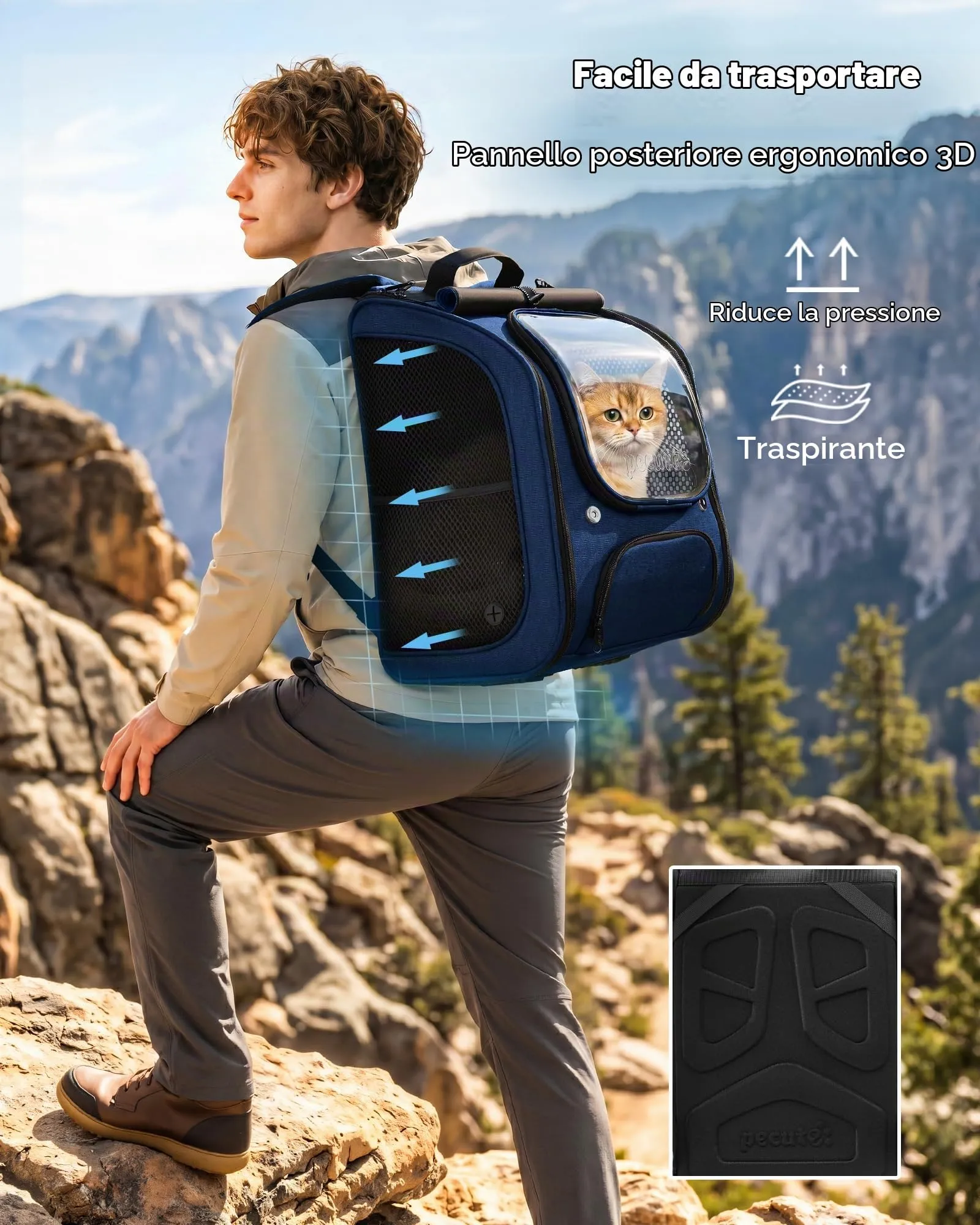 Pecute Zaino a Bolla per Gatti, Ergonomico, Blu - immagine 3