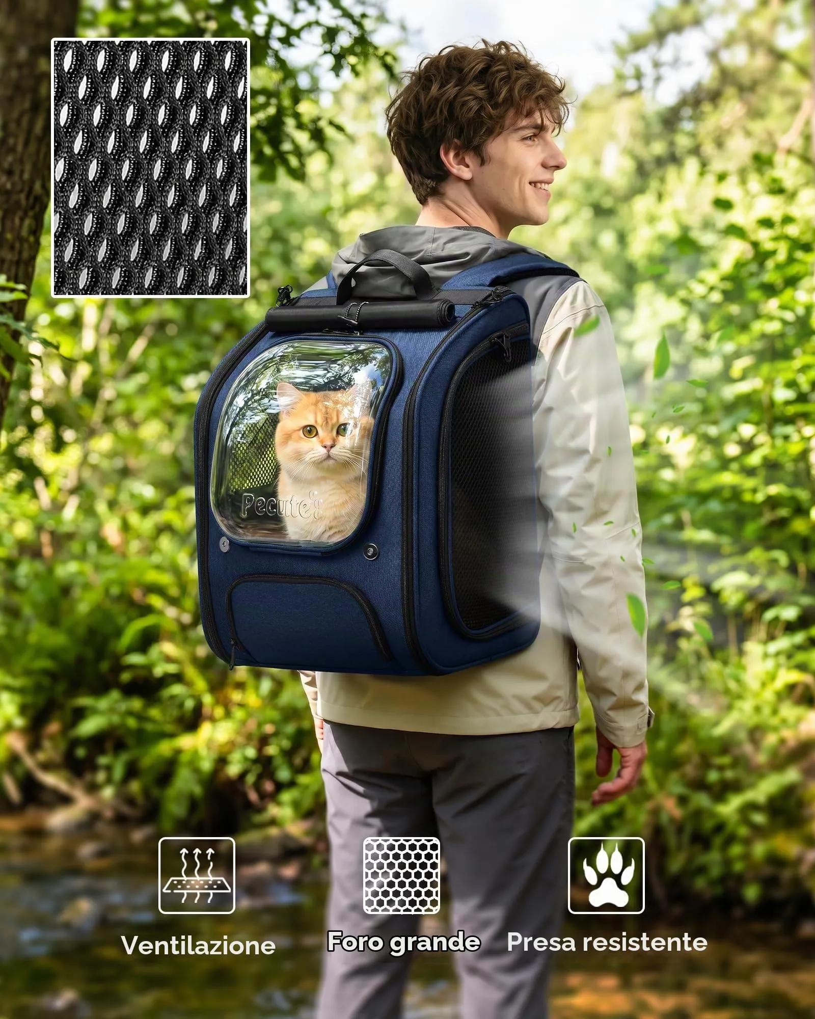 Pecute Zaino a Bolla per Gatti, Ergonomico, Blu - immagine 4