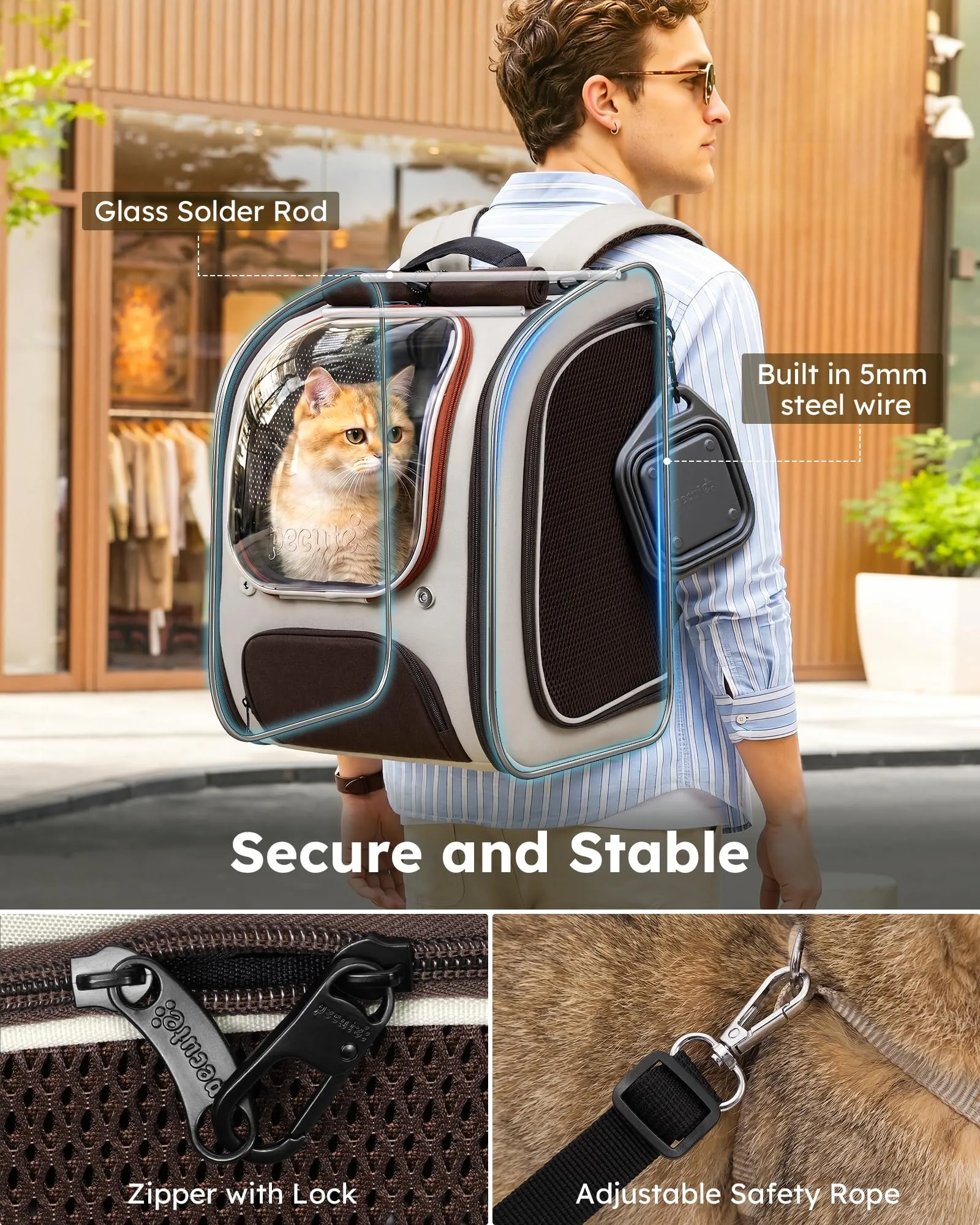 Pecute Zaino a Bolla per Gatti Ergonomico, Cachi - immagine 3