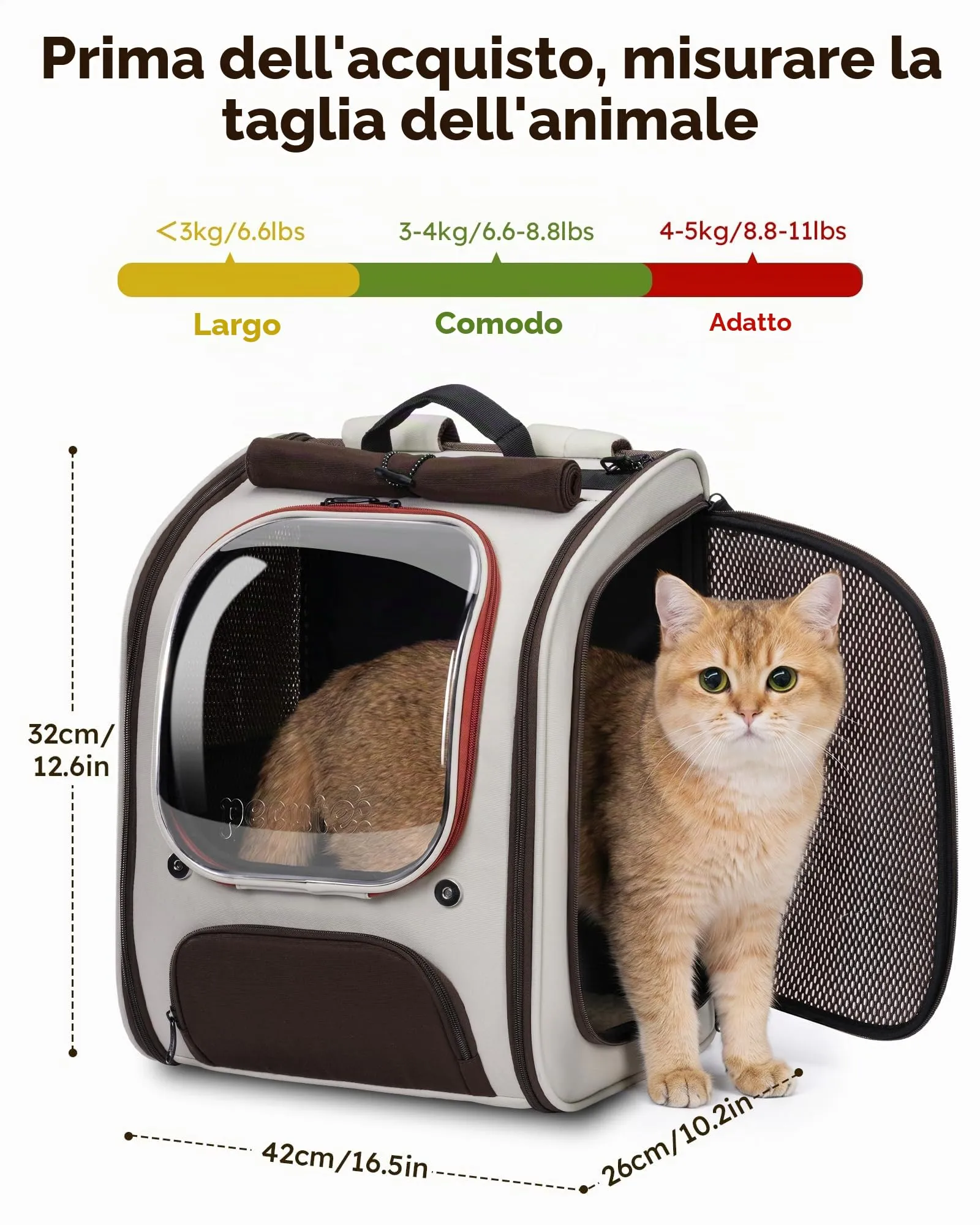 Pecute Zaino a Bolla per Gatti Ergonomico, Cachi - immagine 9