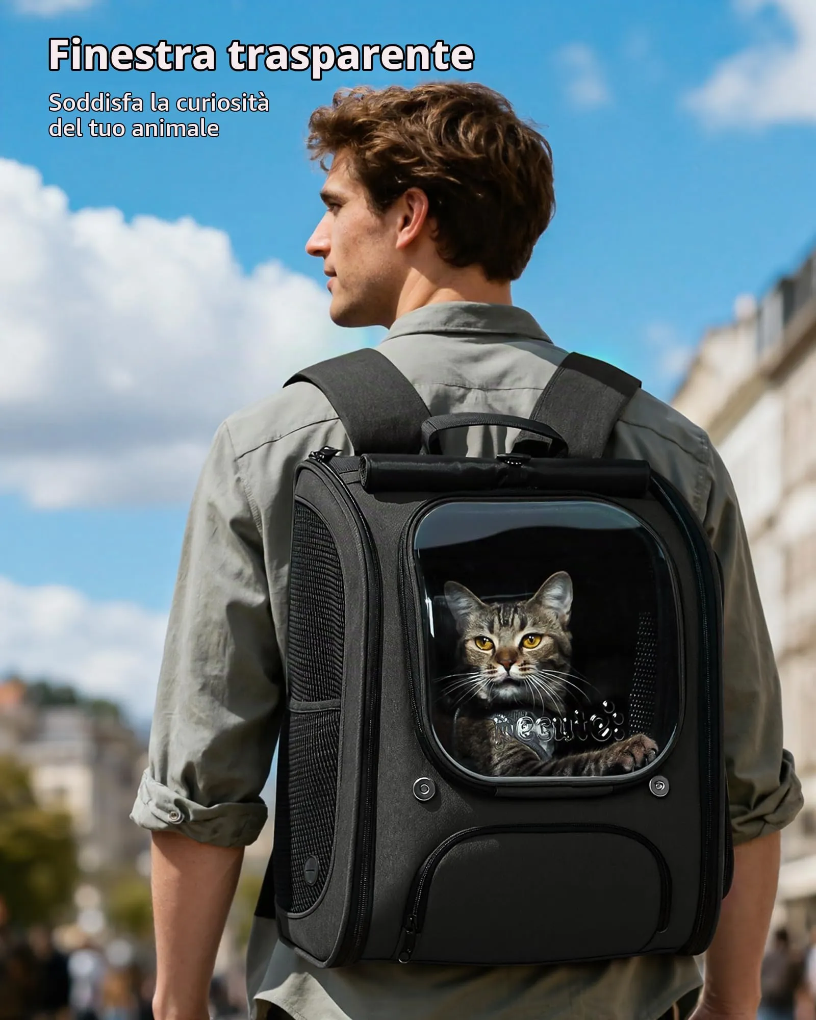 Pecute Zaino a Bolla per Gatti, Ergonomico, Nero - immagine 2