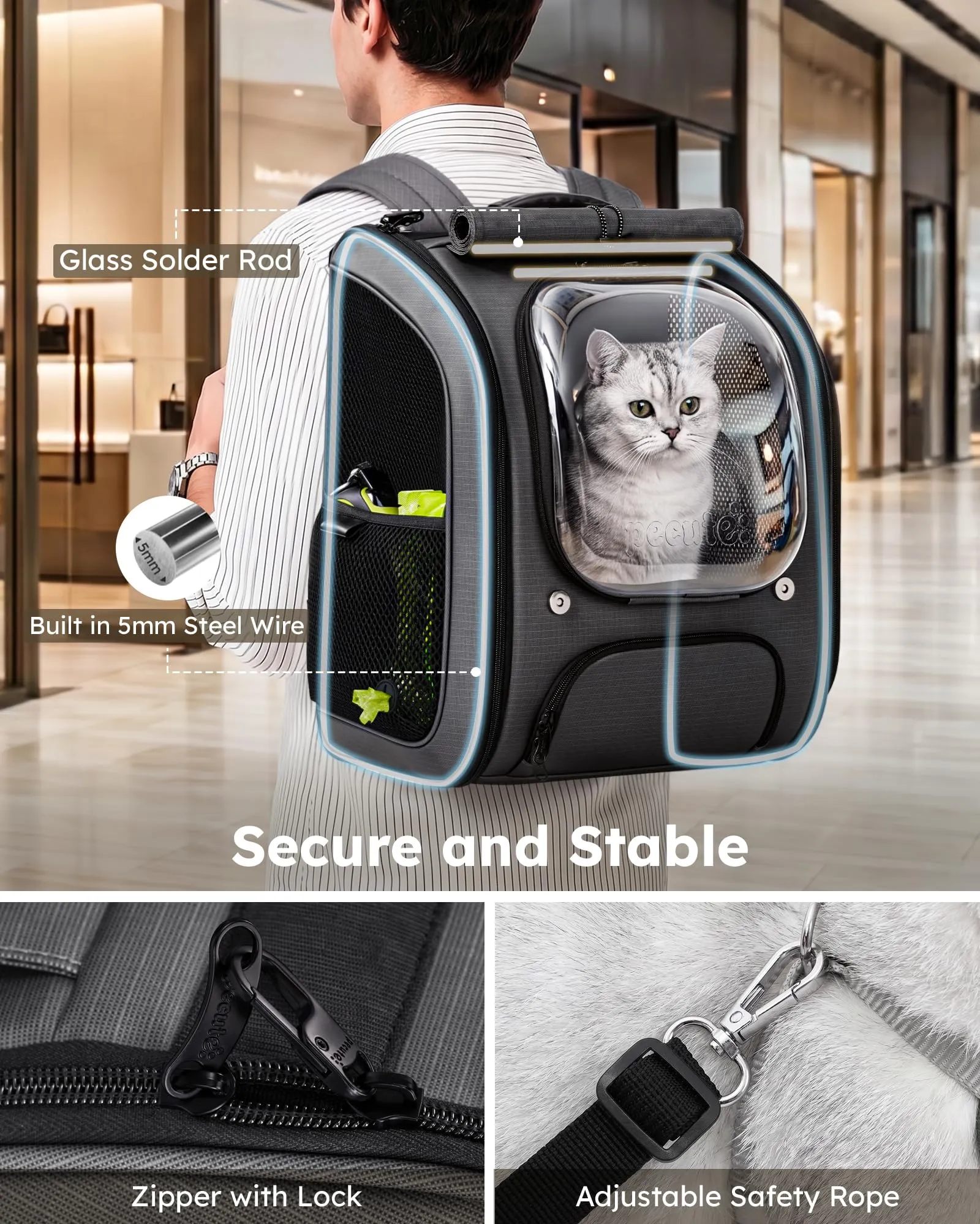Pecute Zaino a Bolla per Gatti in TPU, Grigio Scuro - immagine 3