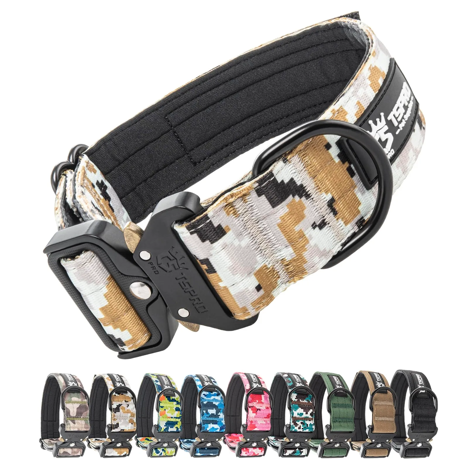 TSPRO Collare Tattico per Cani con Fibbia a Sblocco Rapido e Pannello per Toppe, Camo Khaki, L (47,0–63,5 cm) - immagine 1