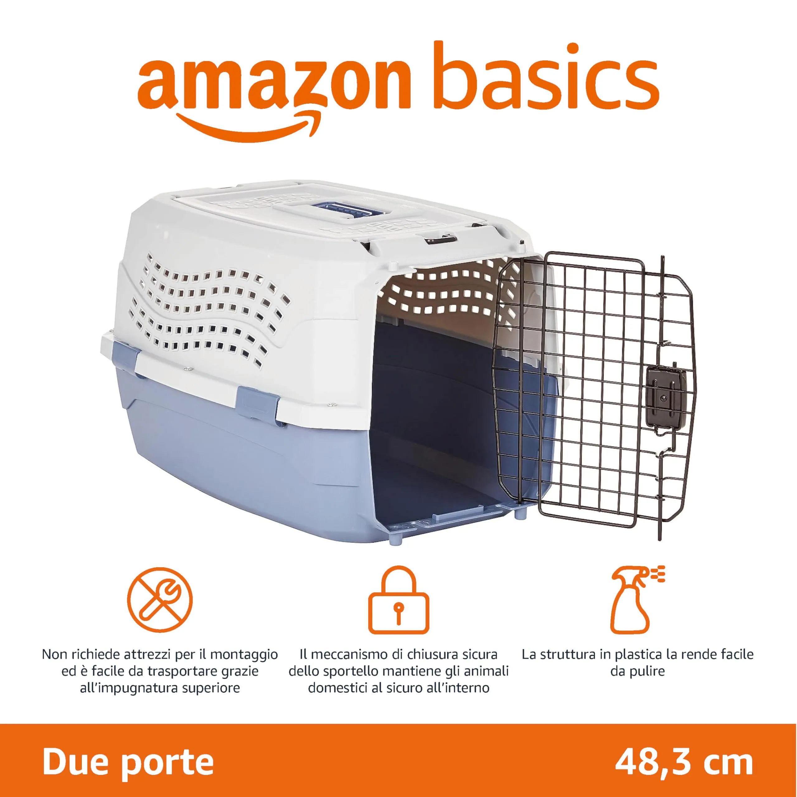 Amazon Basics Trasportino rigido per gatti, 2 sportelli, carica dall'alto, 48 x 32 x 25 cm, Blu - immagine 2