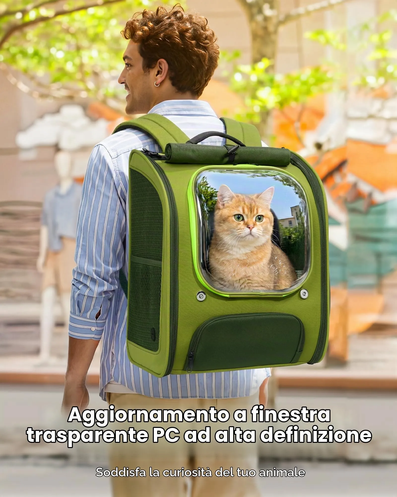 Pecute Zaino Trasporto per Gatti e Cani, Ergonomico, Verde - immagine 2