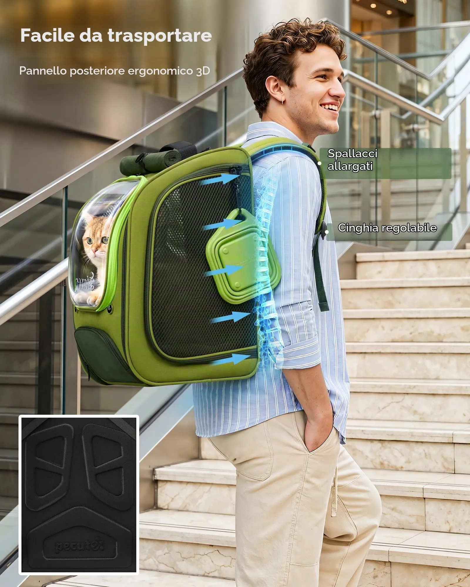 Pecute Zaino Trasporto per Gatti e Cani, Ergonomico, Verde - immagine 6