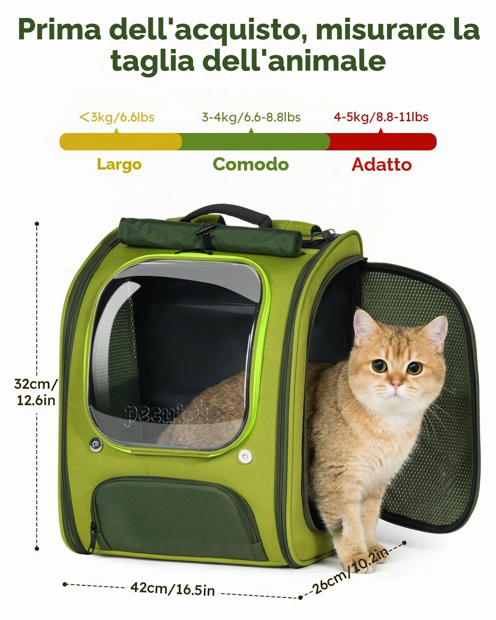 Pecute Zaino Trasporto per Gatti e Cani, Ergonomico, Verde - immagine 9