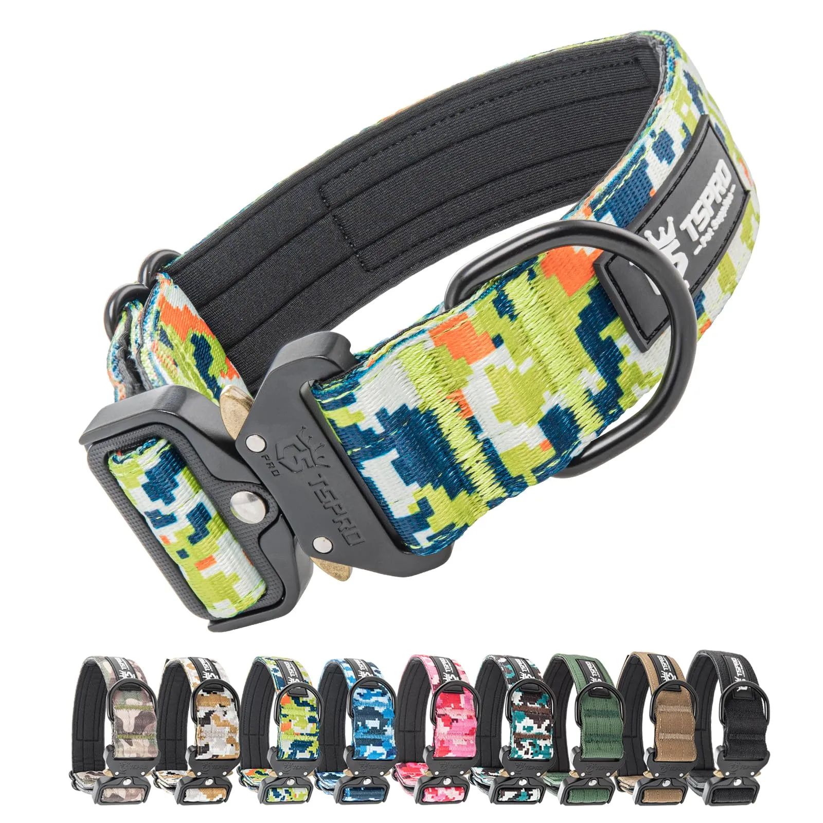 TSPRO Collare Tattico per Cani con Fibbia a Sblocco Rapido e Pannello per Toppe, Verde Mimetico, Taglia L (47,0–63,5 cm) - immagine 1