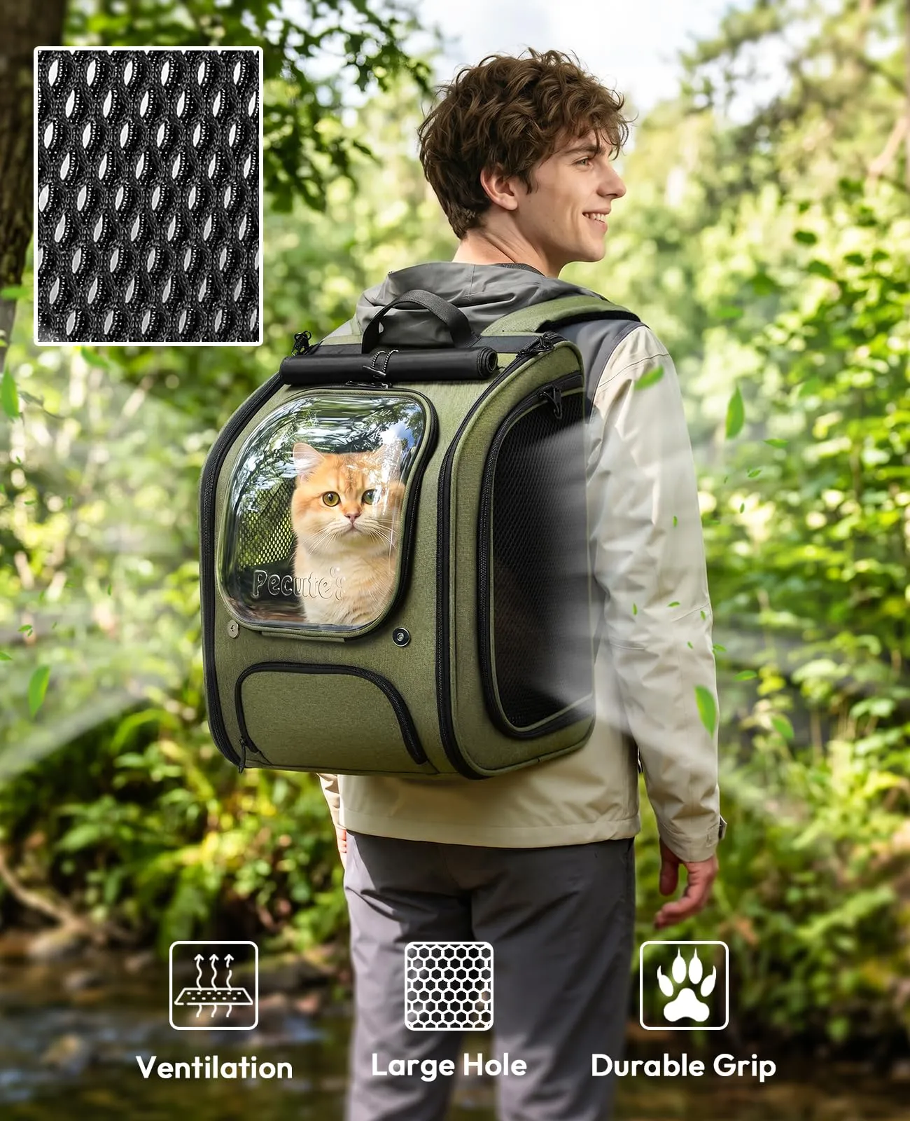 Pecute Zaino a Bolla per Gatti, Ergonomico, Verde Oliva - immagine 4