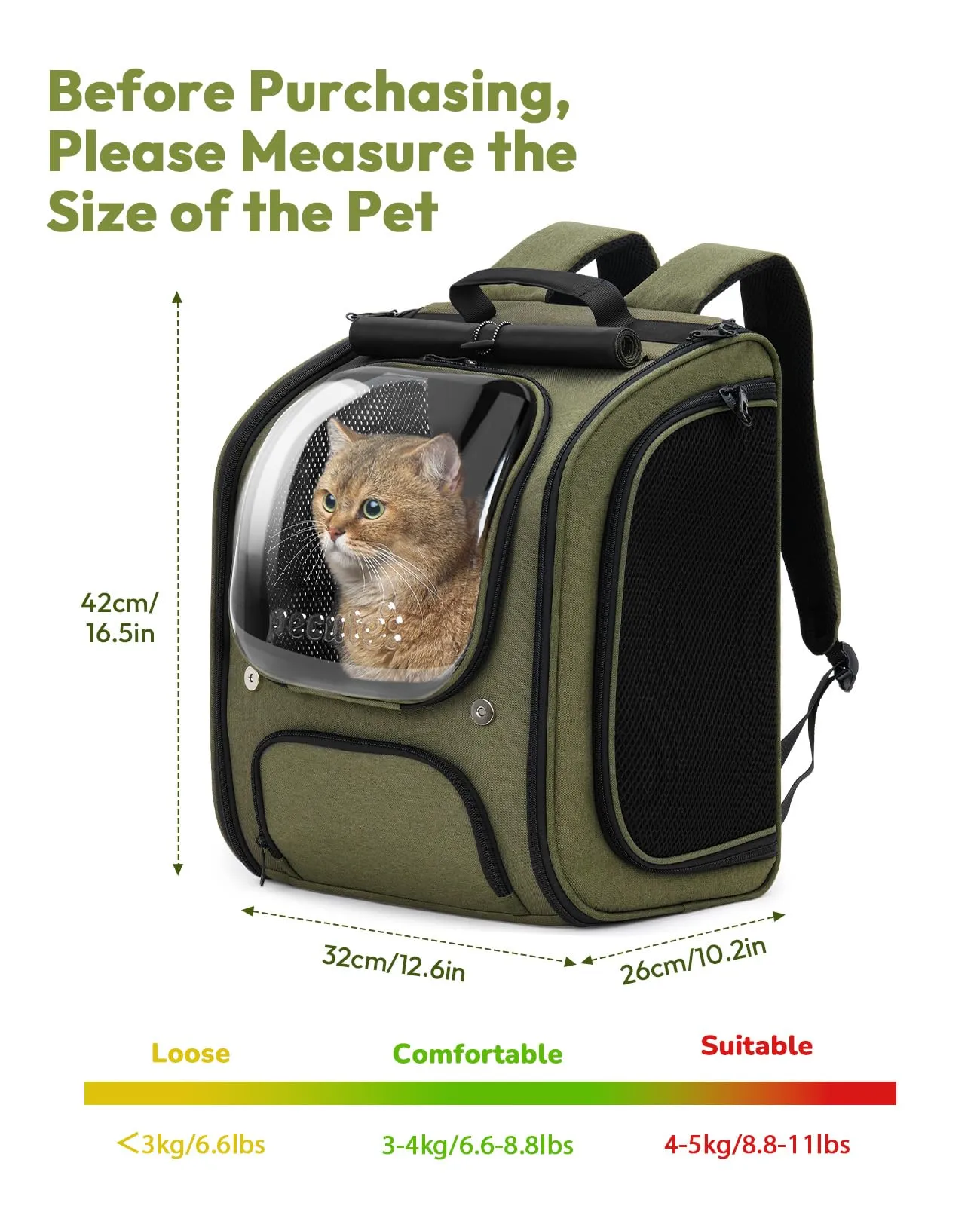 Pecute Zaino a Bolla per Gatti, Ergonomico, Verde Oliva - immagine 9