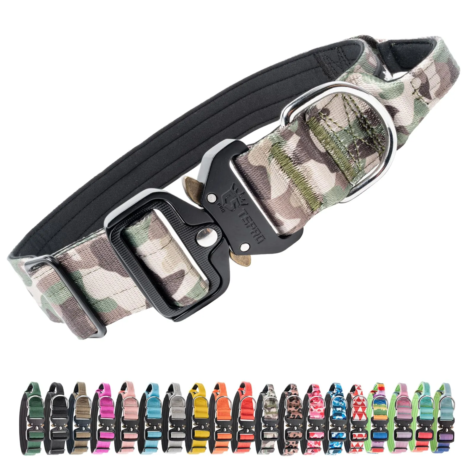 TSPRO Collare Tattico per Cane con Fibbia a Sblocco Rapido e Maniglia, 3,8 cm, Mimetico Verde Militare - immagine 1