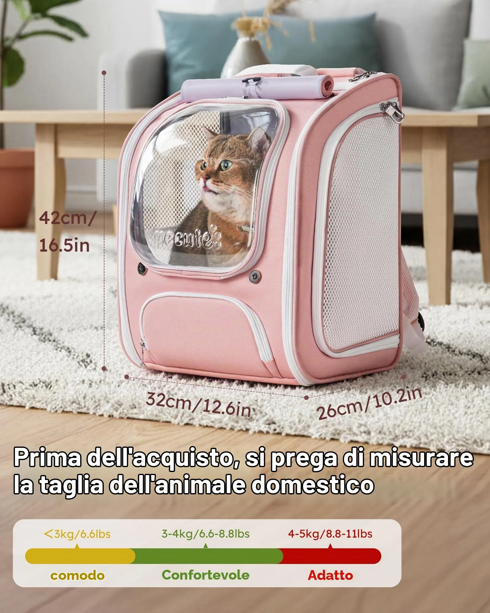 Pecute Zaino a Bolla per Gatti, Ergonomico, Rosa - immagine 9