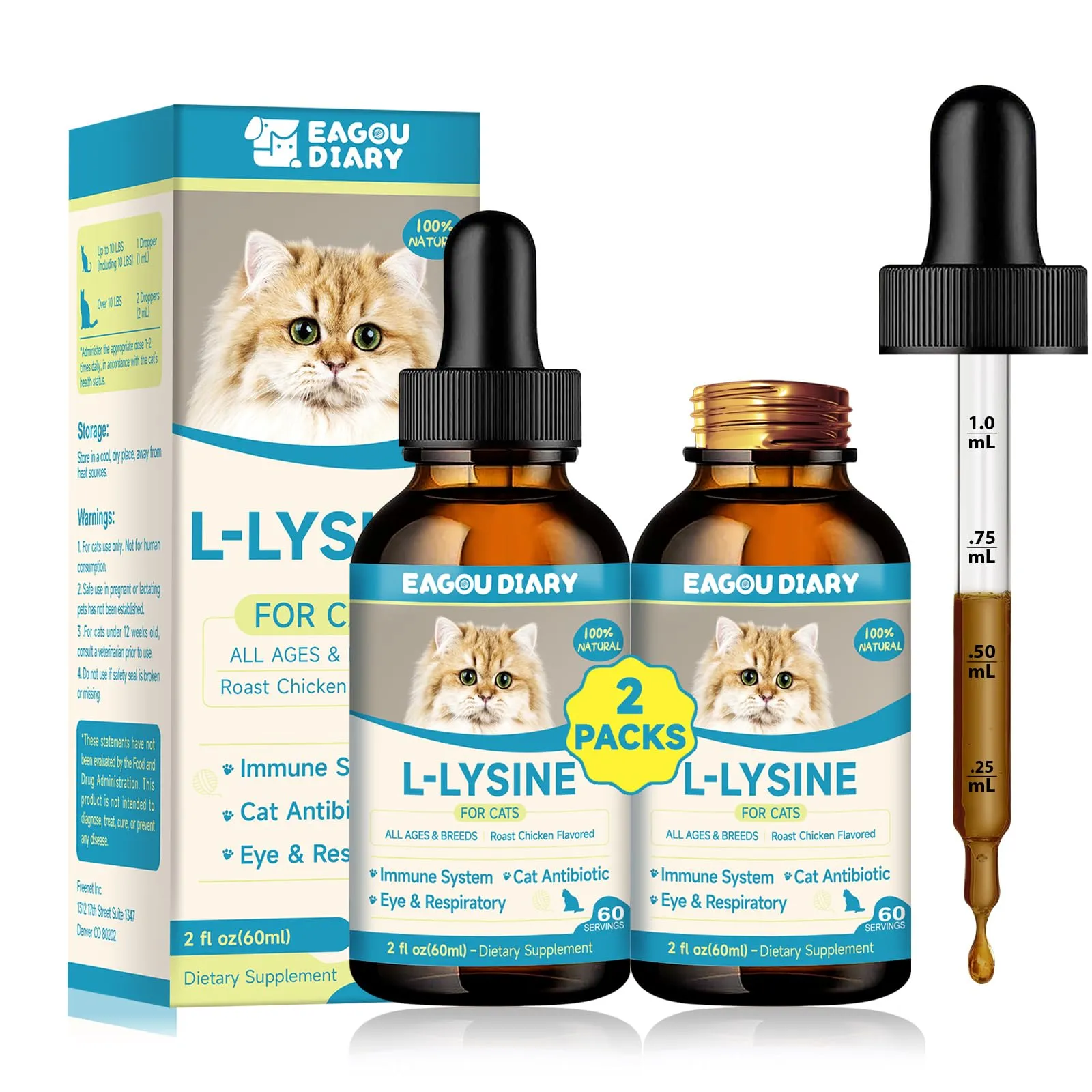 Eagou Diary Lisina per Gatti, Integratore Immunitario e Respiratorio, 60ml x 2 - immagine 1