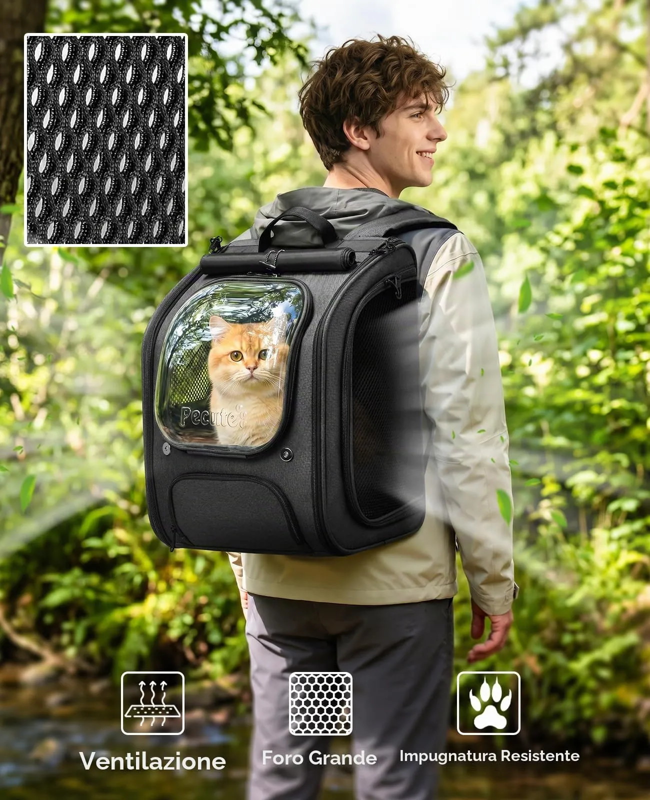 Pecute Zaino a Bolla per Gatti, Ergonomico, Nero - immagine 4